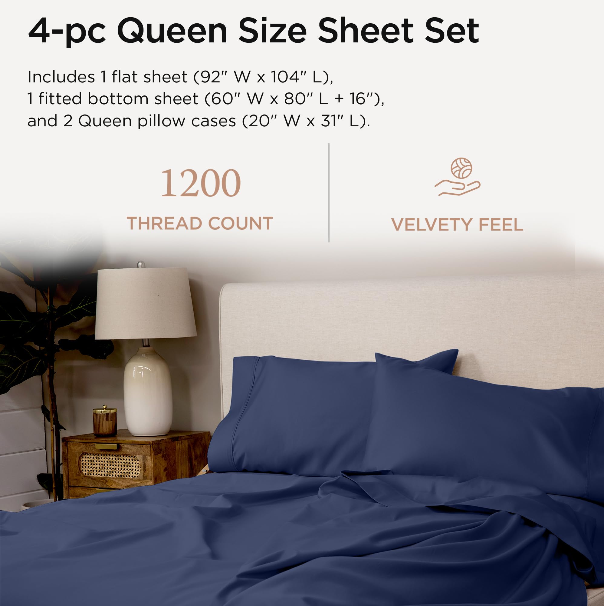 100% Supima Cotton Sheets, Luxury 1200 Thread Count Cotton Sheets for King Size Bed, 4 Pc Dark Grey King Bed Sheets Set, 5-Star Hotel Quality with Elasticized Deep Pocket King Sheets
