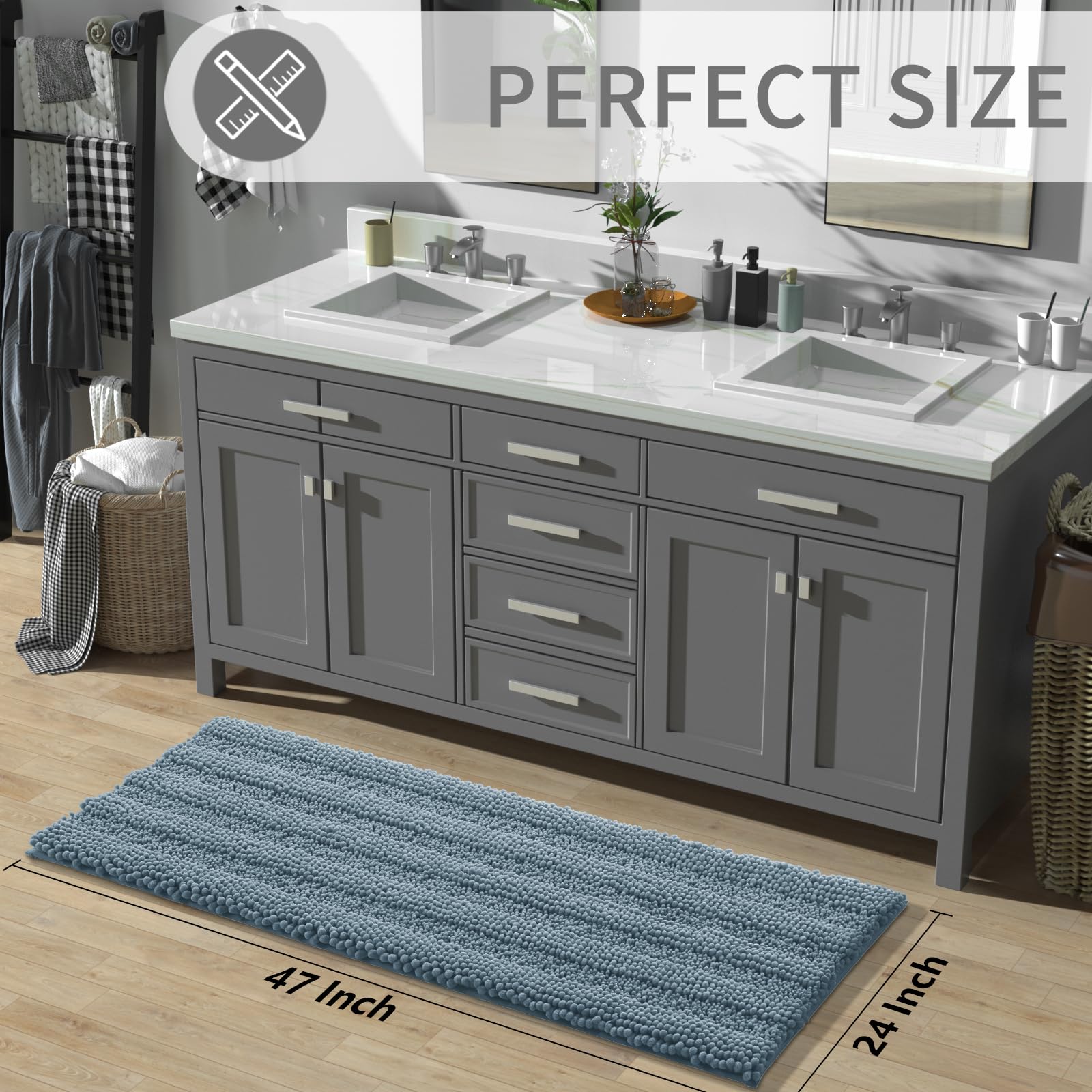 Non Slip and Super Absorbent Bath Mat,Machine Washable Quick Dry,Ultra Plush Chenille Shower Rugs for Bathroom Floor Sink Tub and Shower Outside