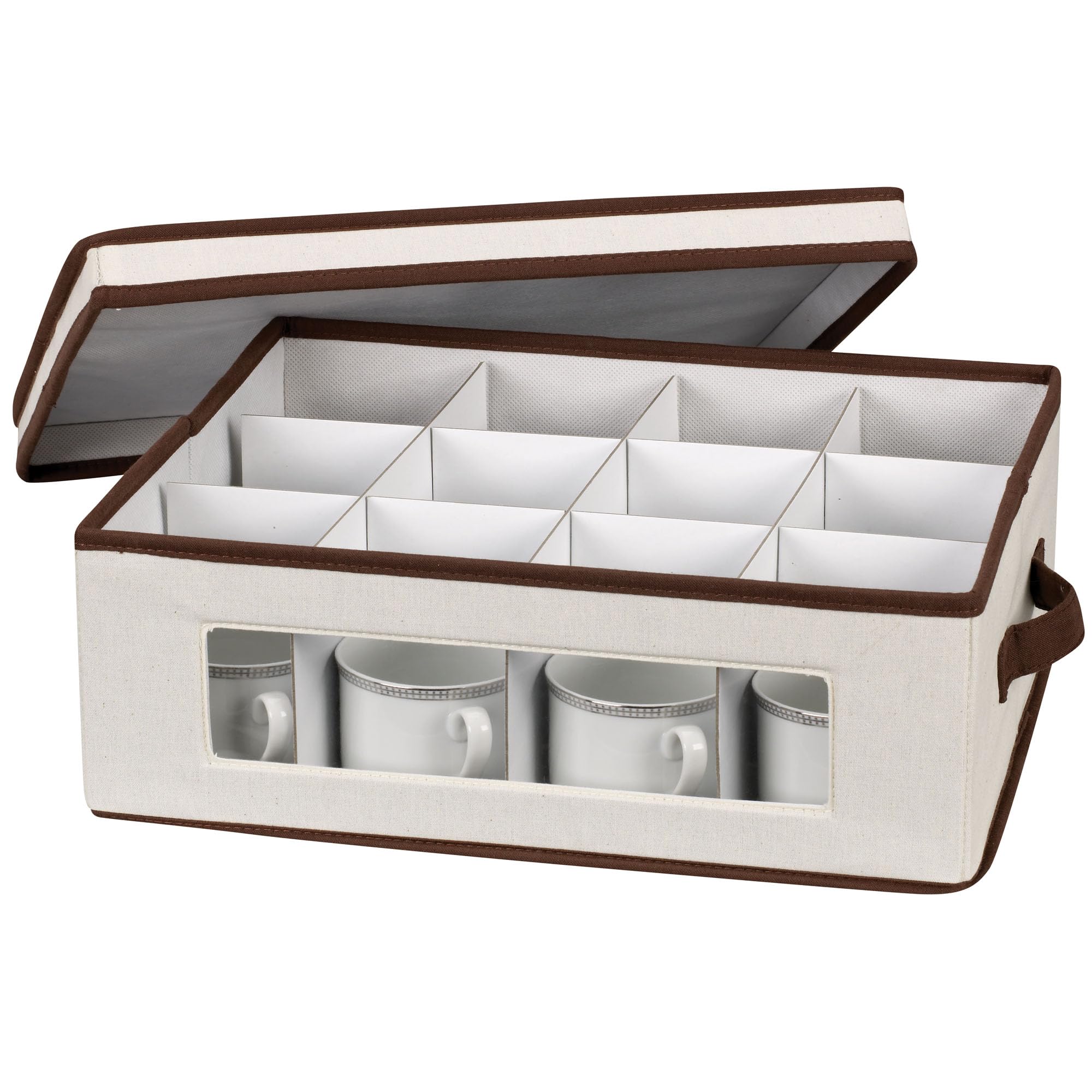 改Household Essentials Natural 544 Stemware Storage Box with Lid and Handles | Champagne Glasses Canvas with Brown Trim