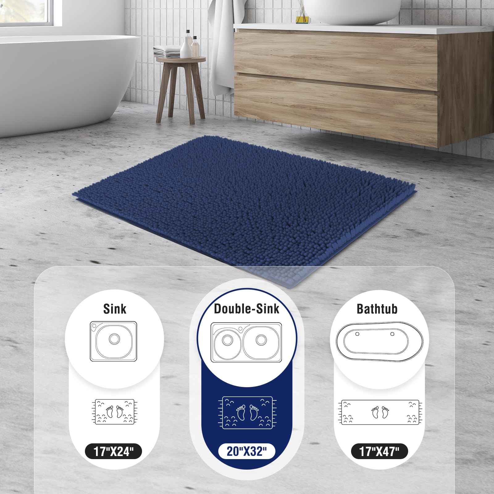 Soft Fluffy Chenille Bathroom Rugs, Non Slip Absorbent Bath Mats for Bathroom, Washable and Quick Dry
