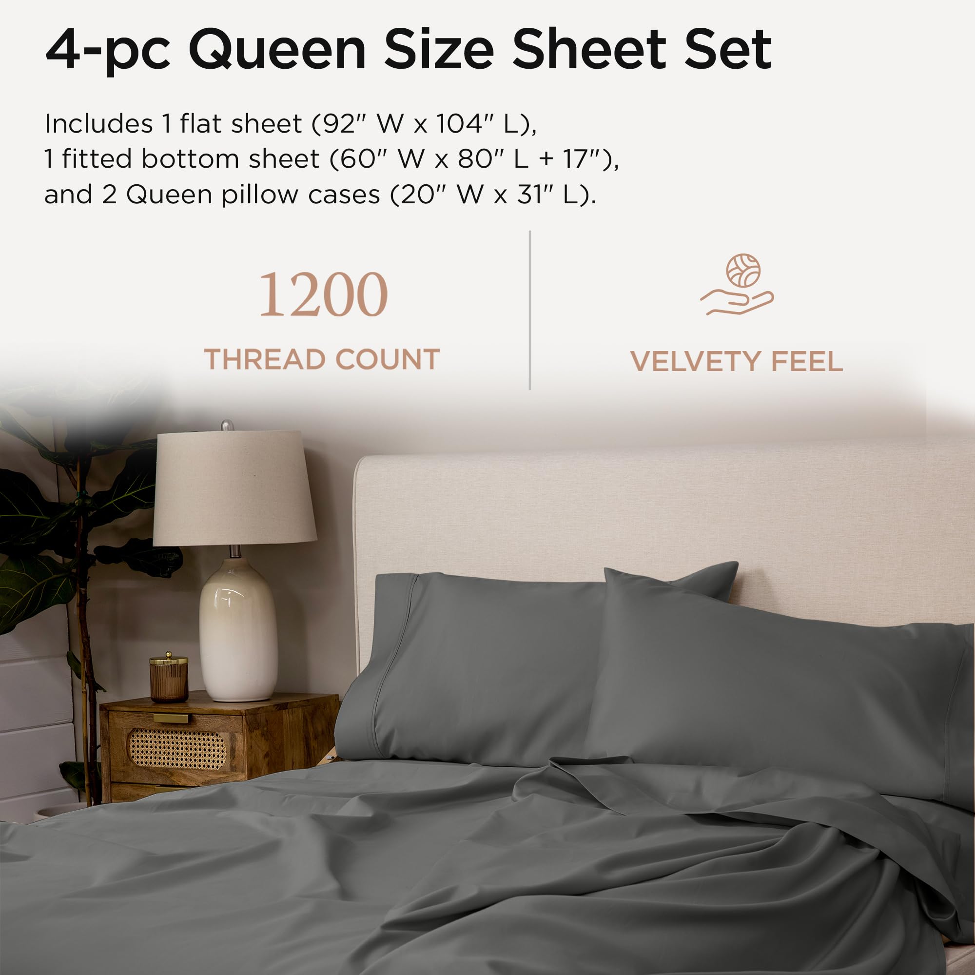 100% Supima Cotton Sheets, Luxury 1200 Thread Count Cotton Sheets for King Size Bed, 4 Pc Dark Grey King Bed Sheets Set, 5-Star Hotel Quality with Elasticized Deep Pocket King Sheets