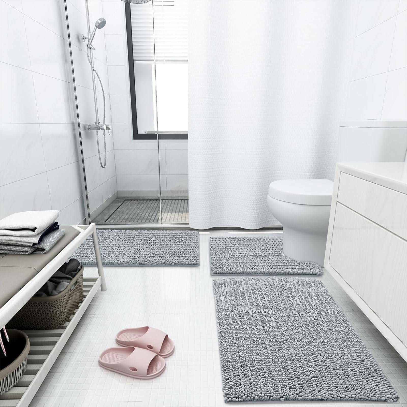 Luxury Chenille Bathroom Rug Mat, Extra Soft Thick Absorbent Shaggy Bath Rugs, Non-Slip Machine Wash Dry Plush Bath Mats for Bathroom, Shower, and Tub