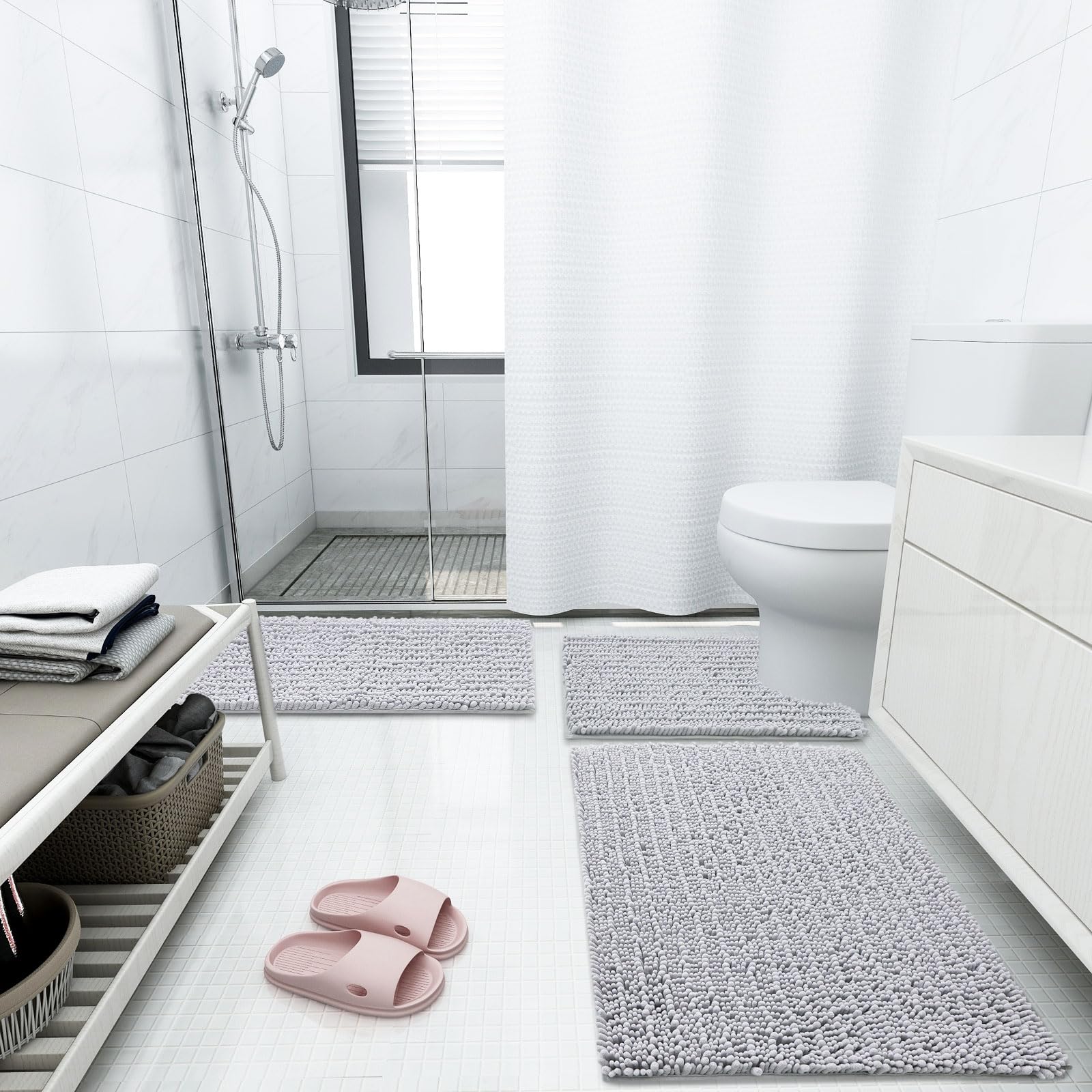Luxury Chenille Bathroom Rug Mat, Extra Soft Thick Absorbent Shaggy Bath Rugs, Non-Slip Machine Wash Dry Plush Bath Mats for Bathroom, Shower, and Tub
