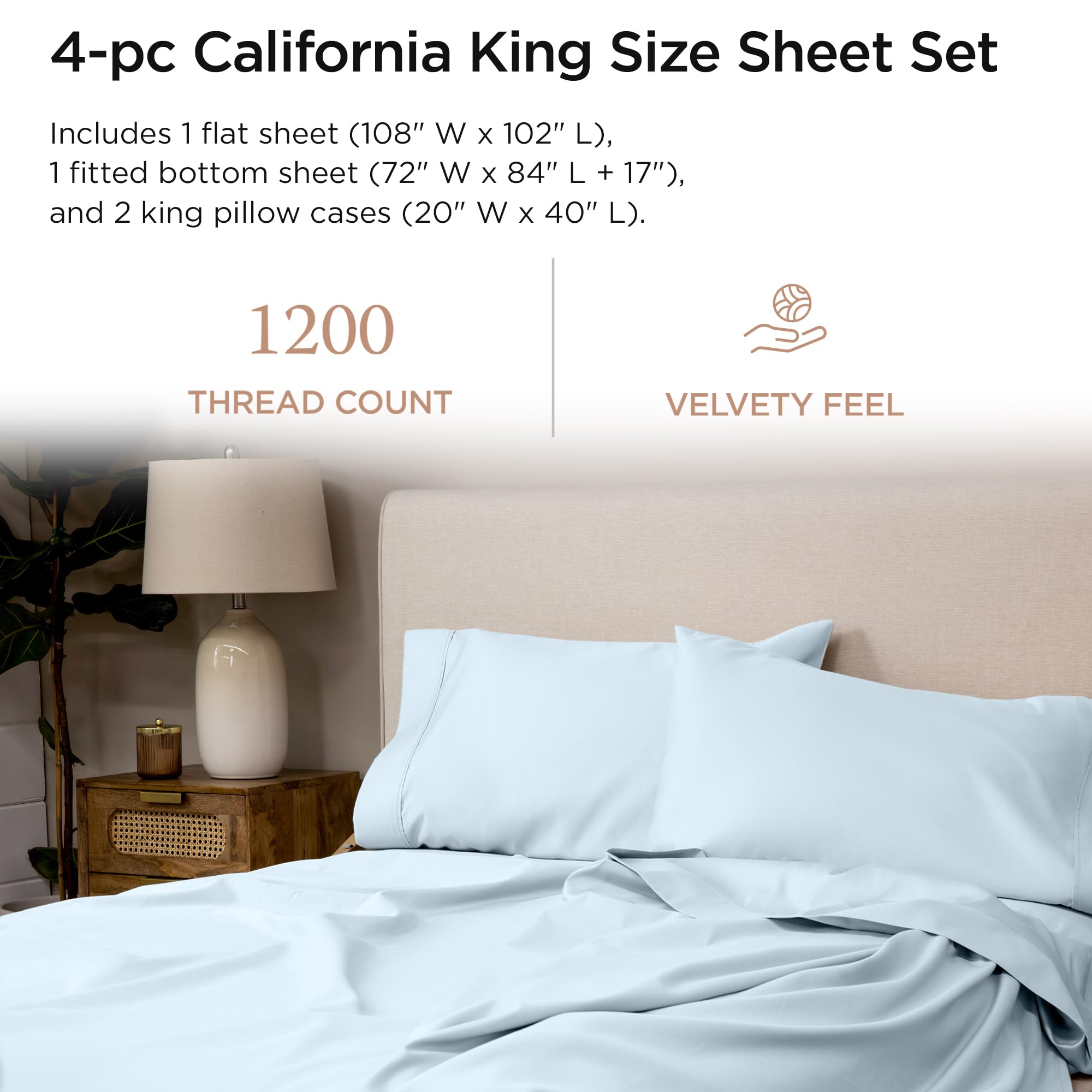 100% Supima Cotton Sheets, Luxury 1200 Thread Count Cotton Sheets for King Size Bed, 4 Pc Dark Grey King Bed Sheets Set, 5-Star Hotel Quality with Elasticized Deep Pocket King Sheets