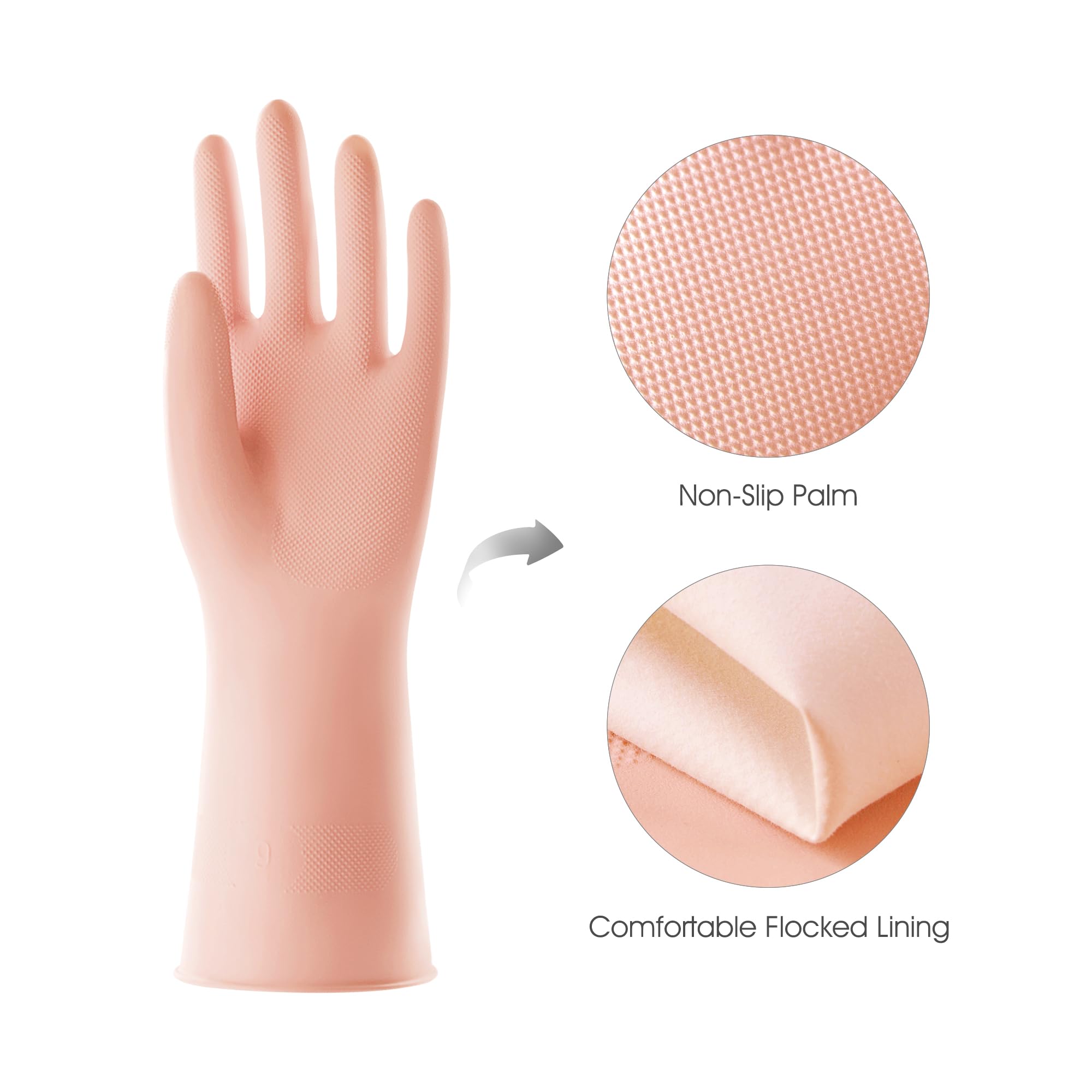 3 Pairs Reusable Rubber Gloves for Dishwashing Cleaning Bleaching, Grippy Latex Dish Washing Gloves with Flocked Cotton Liner, Water Resistant Household Gloves for Kitchen Bathroom