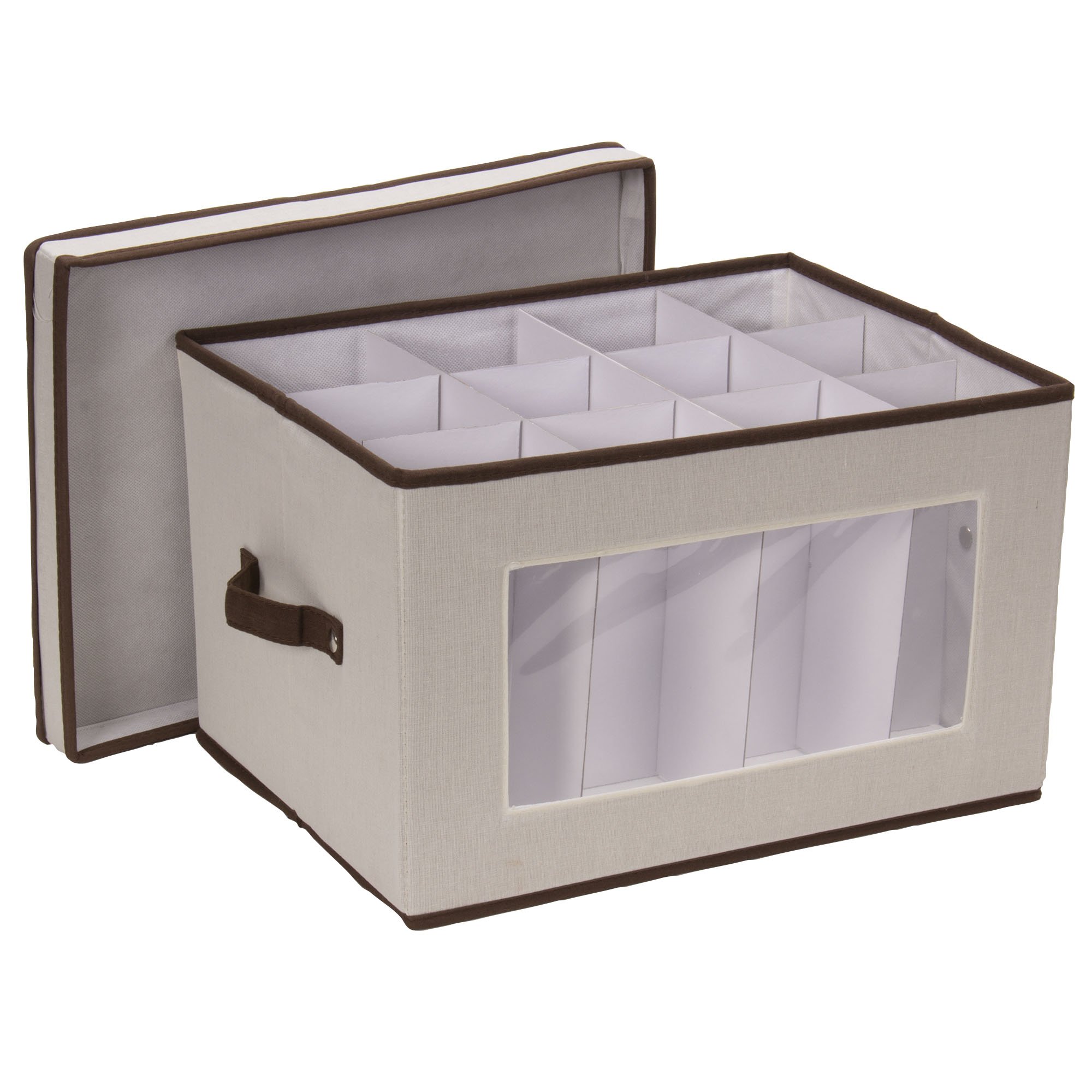 Stemware Storage Box with Lid and Handles | Champagne Glasses Canvas with Brown Trim