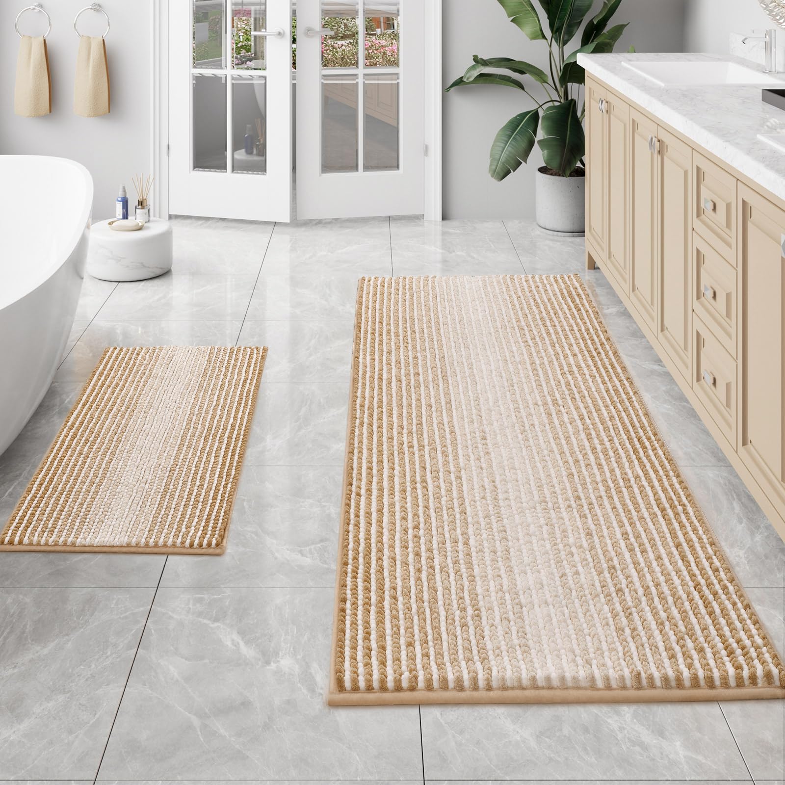Bathroom Rugs and Mats Sets, 2 Piece Thick Absorbent Chenille Bath Mat Rug Set Non Slip, Soft Shaggy Room Floor for Bathroom, Machine Washable
