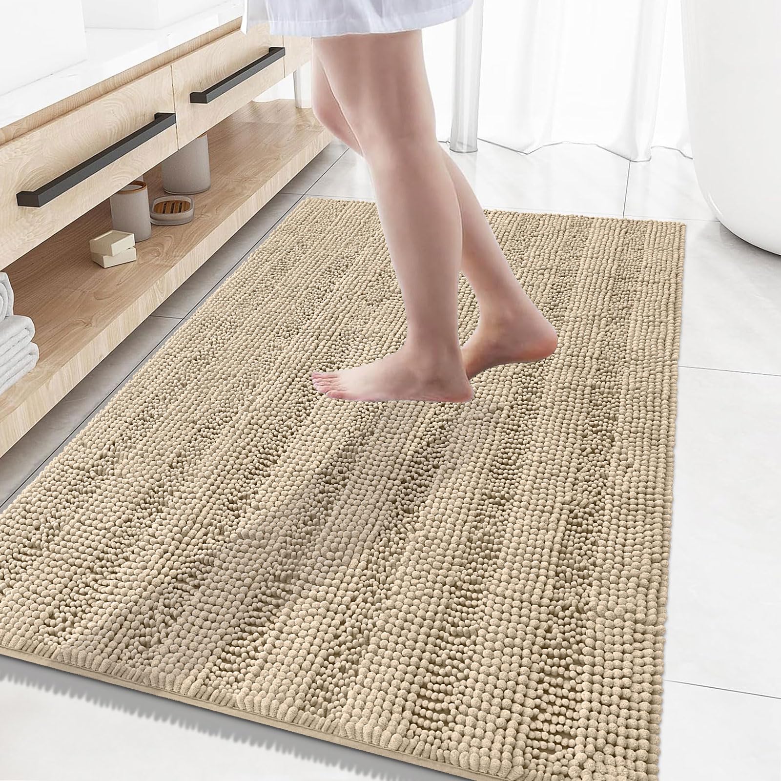 改Grandaily Chenille Striped Bathroom Rugs 24x16, Extra Thick and Absorbent Bath Rugs, Non-Slip Soft Plush Shaggy Bath Carpet, Machine Wash Dry, Bath Mats for Bathroom, Grey
