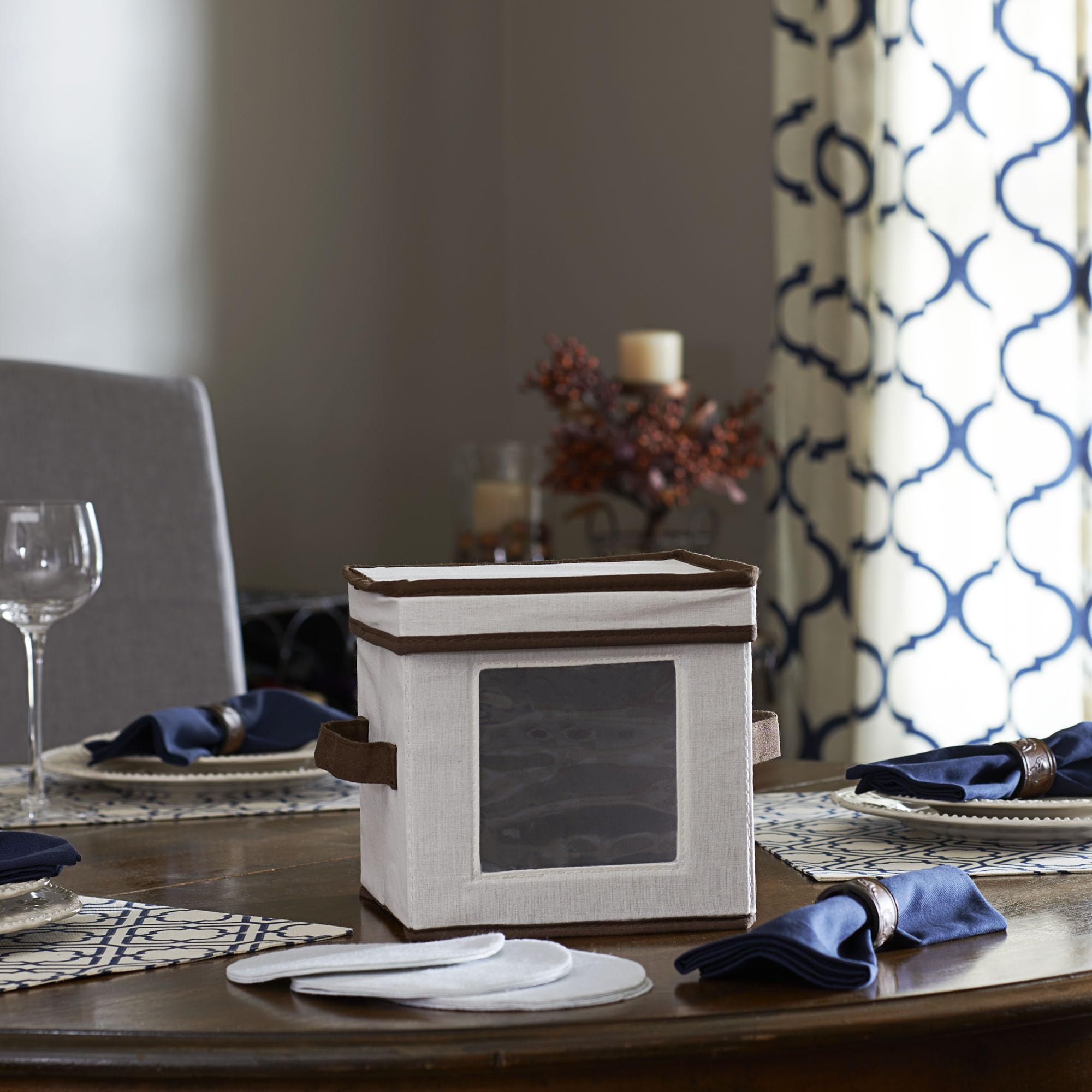Stemware Storage Box with Lid and Handles | Champagne Glasses Canvas with Brown Trim