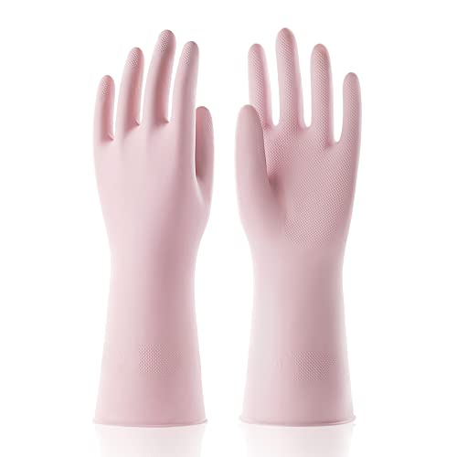3 Pairs Reusable Rubber Gloves for Dishwashing Cleaning Bleaching, Grippy Latex Dish Washing Gloves with Flocked Cotton Liner, Water Resistant Household Gloves for Kitchen Bathroom