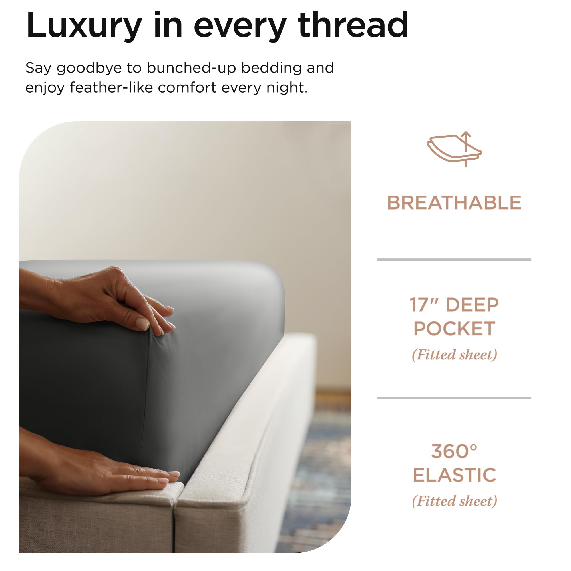改Threadmill 100% Supima Cotton Sheets, Luxury 1200 Thread Count Cotton Sheets for King Size Bed, 4 Pc Dark Grey King Bed Sheets Set, 5-Star Hotel Quality with Elasticized Deep Pocket King Sheets