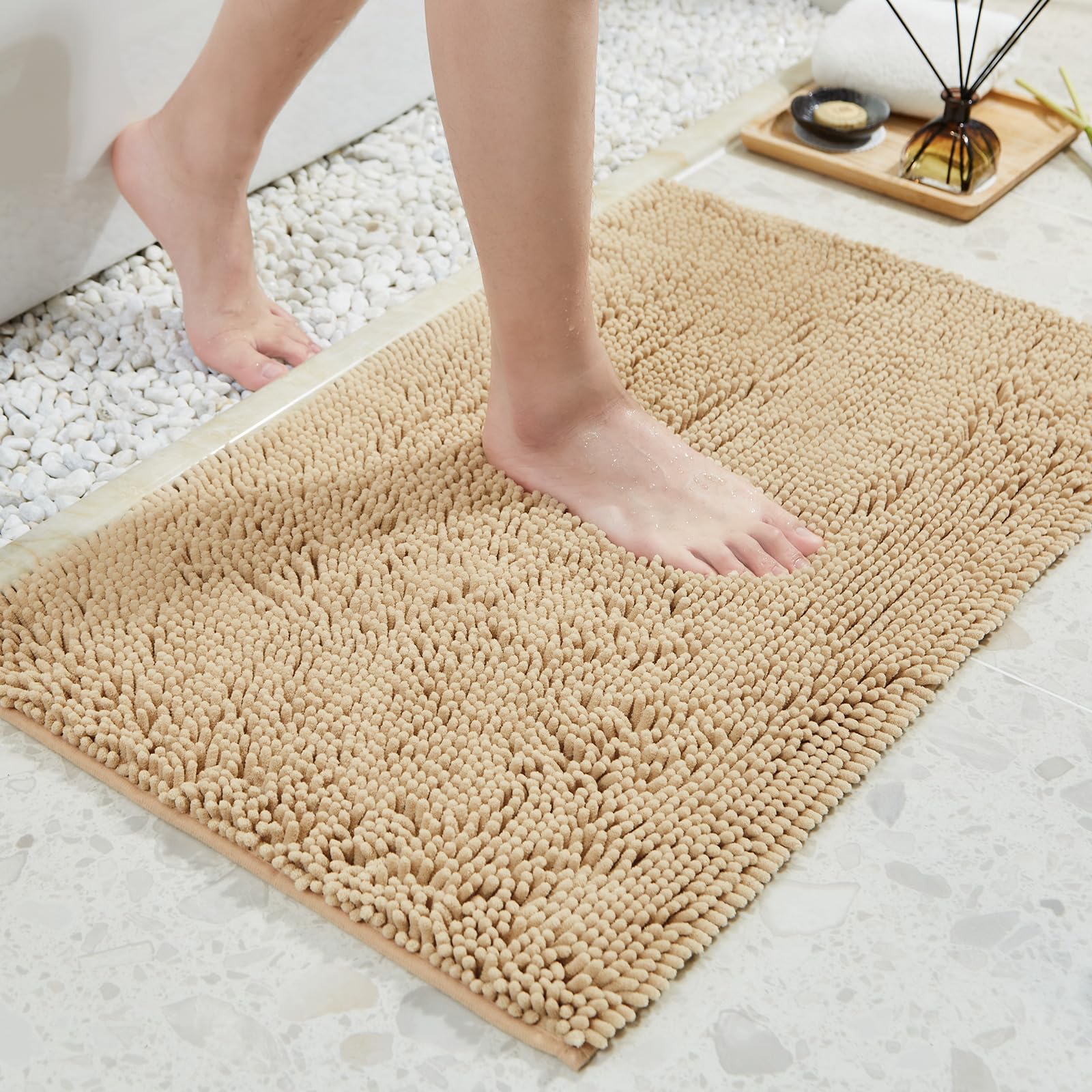 Soft Fluffy Chenille Bathroom Rugs, Non Slip Absorbent Bath Mats for Bathroom, Washable and Quick Dry