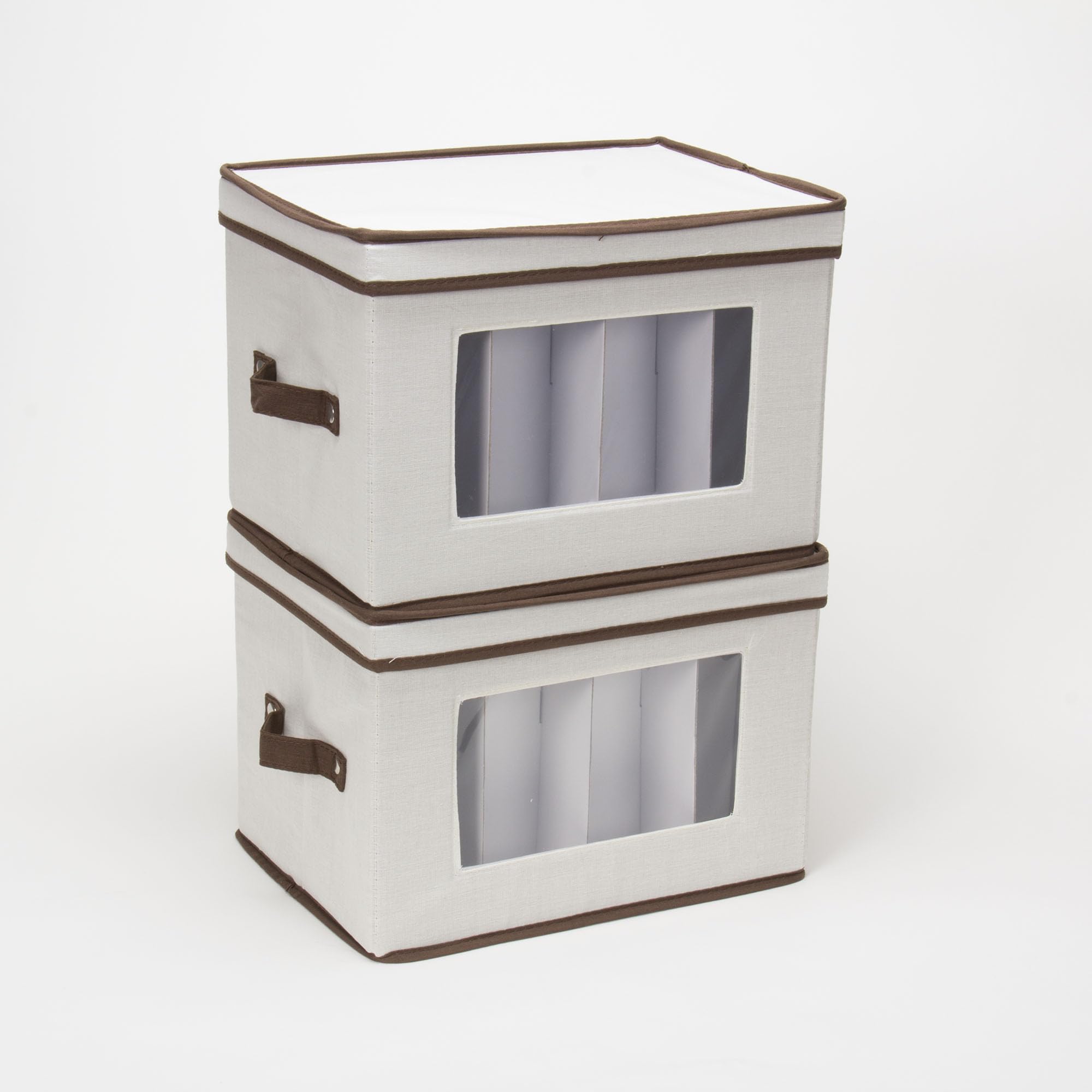 Stemware Storage Box with Lid and Handles | Champagne Glasses Canvas with Brown Trim