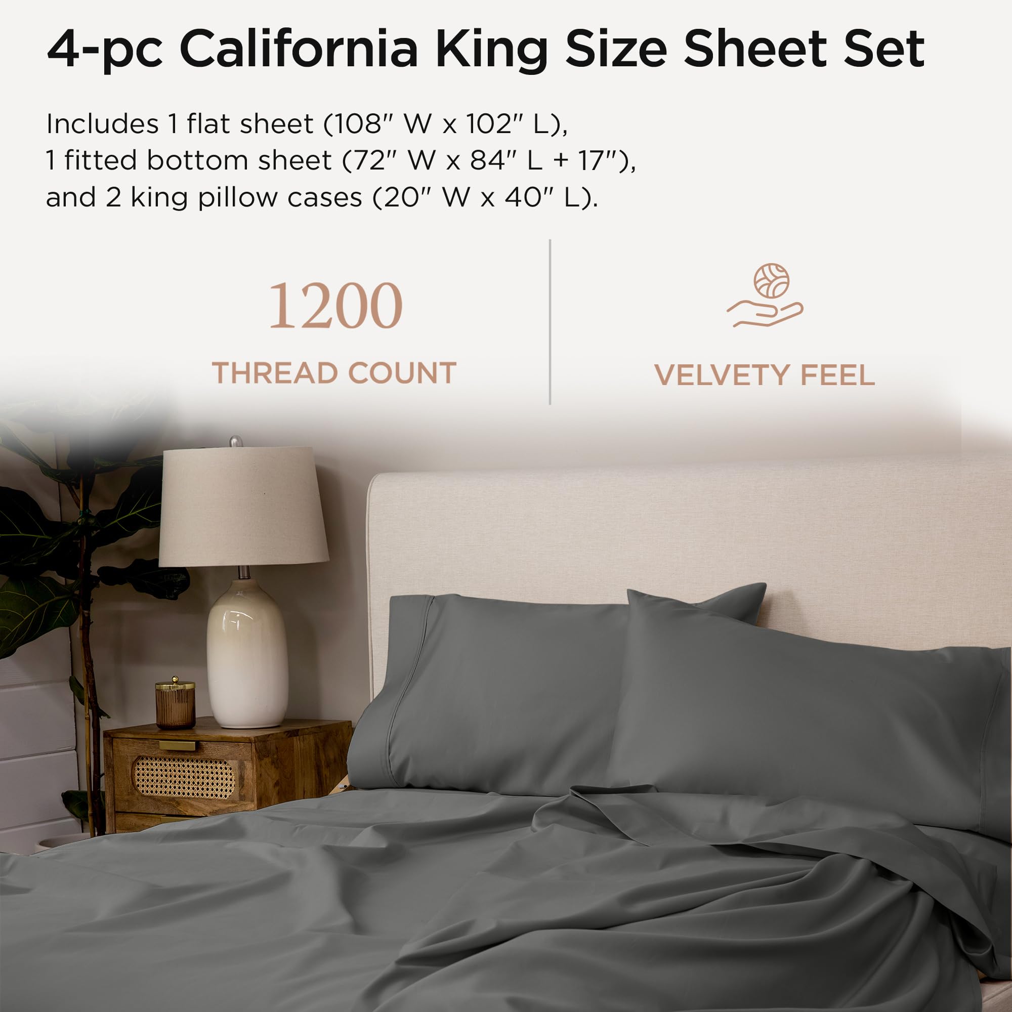 100% Supima Cotton Sheets, Luxury 1200 Thread Count Cotton Sheets for King Size Bed, 4 Pc Dark Grey King Bed Sheets Set, 5-Star Hotel Quality with Elasticized Deep Pocket King Sheets