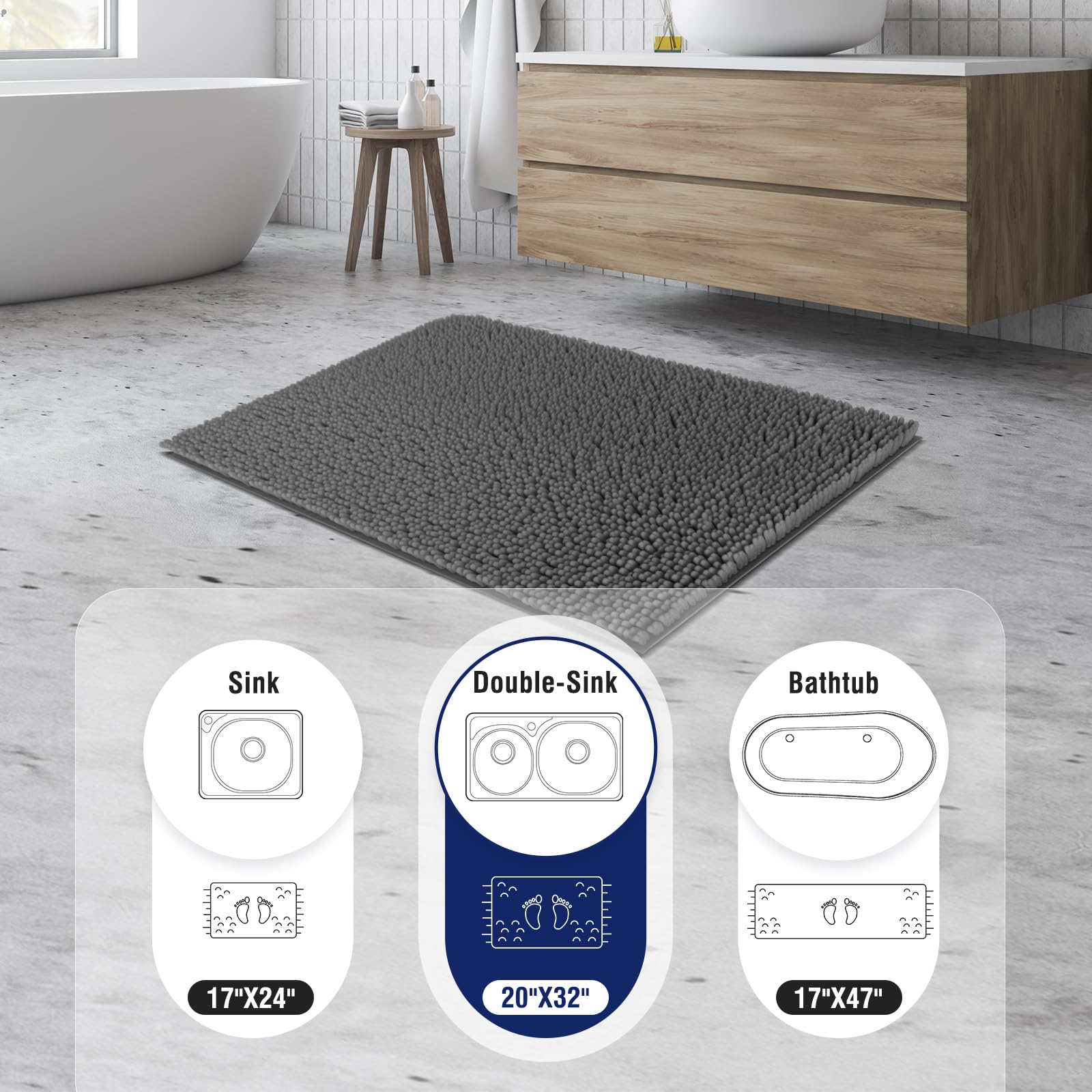 改TECHMILLY Soft Fluffy Chenille Bathroom Rugs, Non Slip Absorbent Bath Mats for Bathroom, Washable and Quick Dry, Black, 17" x 24"