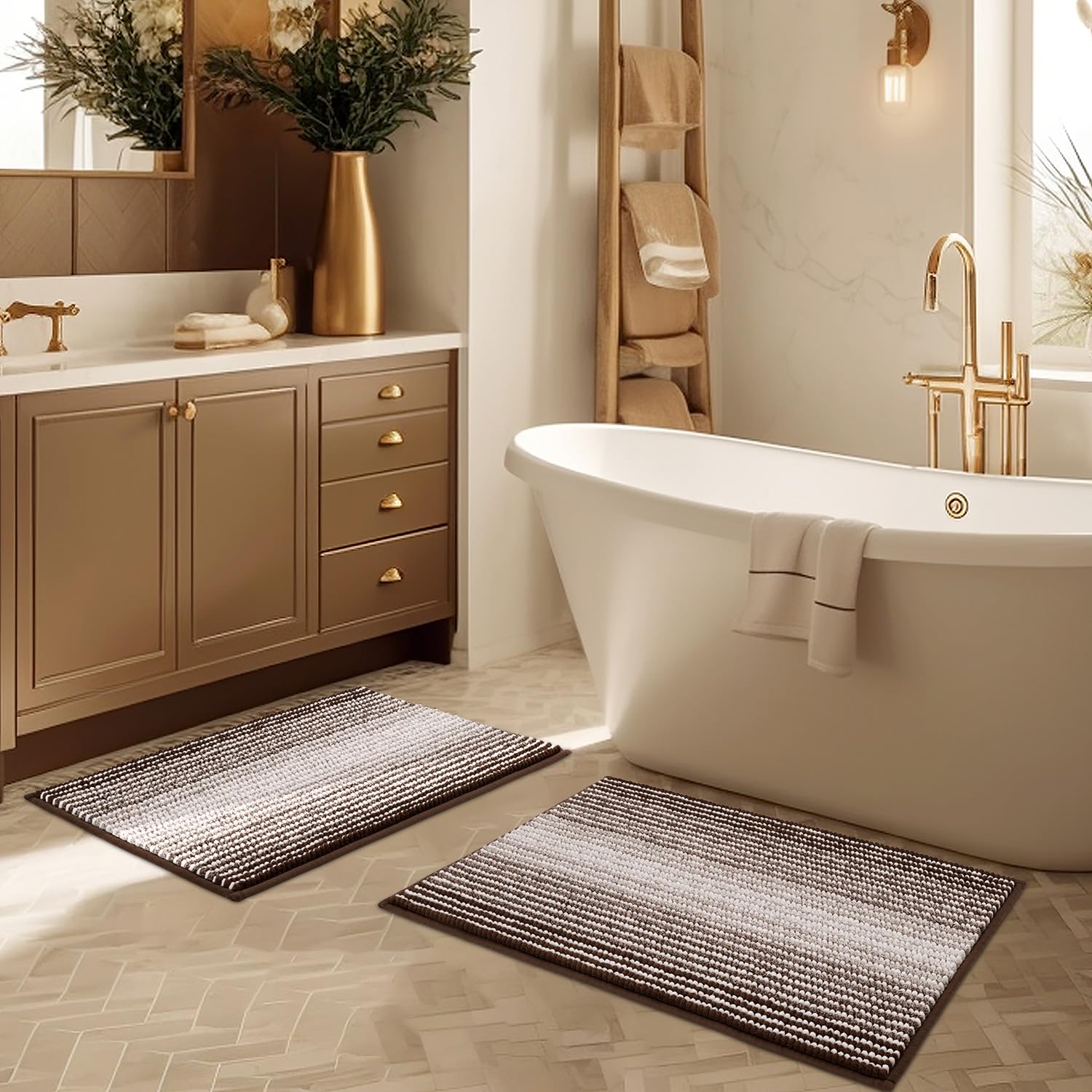 Bathroom Rugs and Mats Sets, 2 Piece Thick Absorbent Chenille Bath Mat Rug Set Non Slip, Soft Shaggy Room Floor for Bathroom, Machine Washable