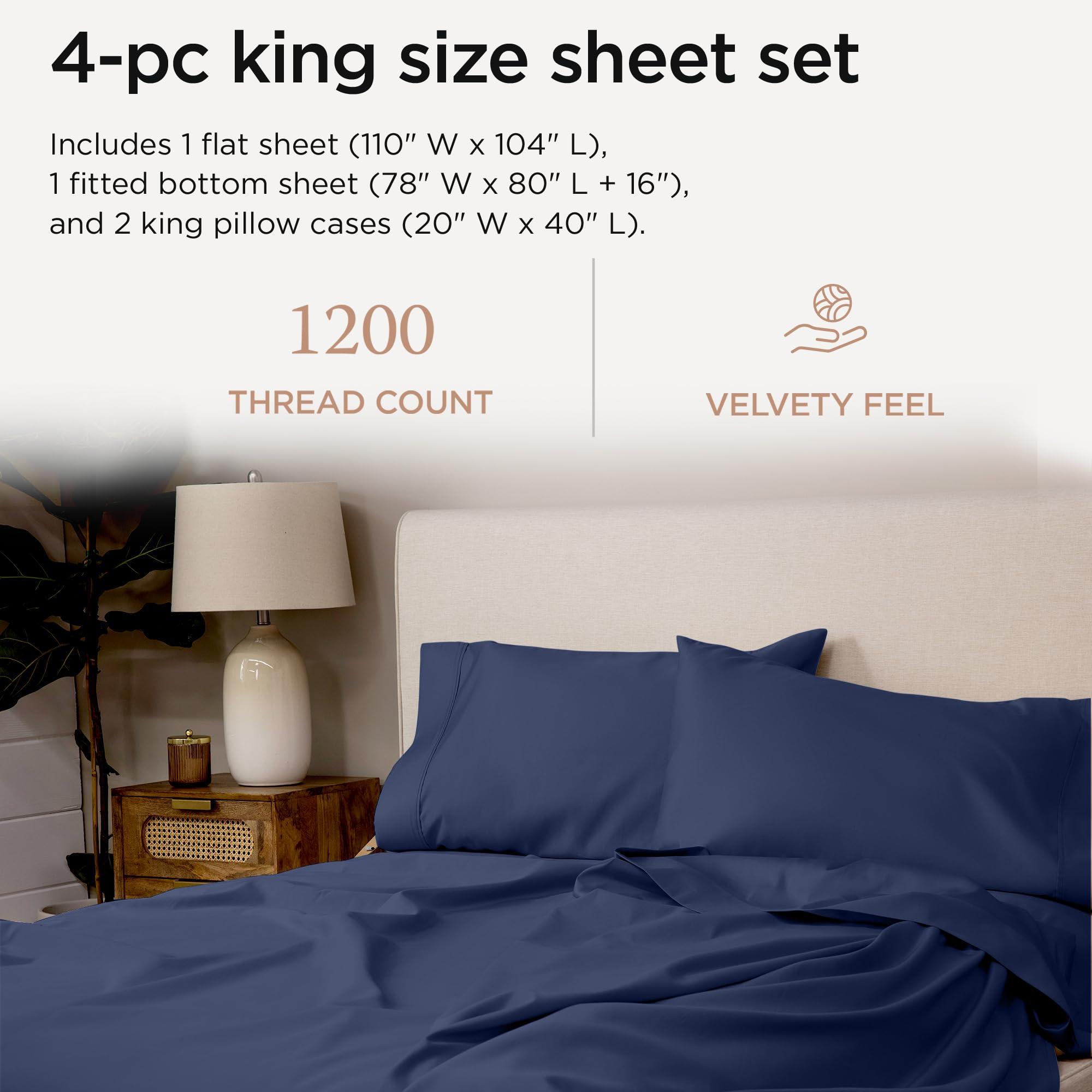 100% Supima Cotton Sheets, Luxury 1200 Thread Count Cotton Sheets for King Size Bed, 4 Pc Dark Grey King Bed Sheets Set, 5-Star Hotel Quality with Elasticized Deep Pocket King Sheets