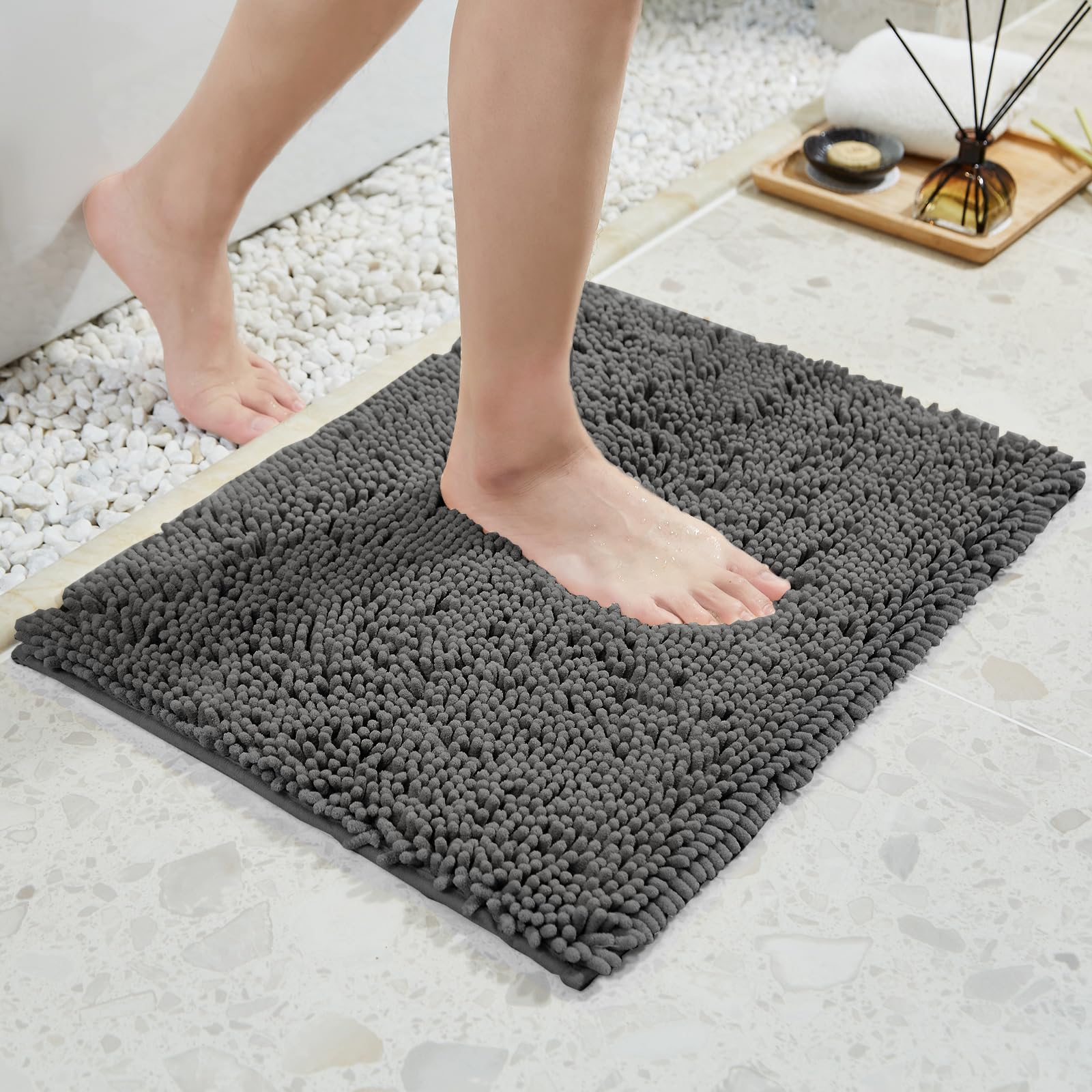 Soft Fluffy Chenille Bathroom Rugs, Non Slip Absorbent Bath Mats for Bathroom, Washable and Quick Dry