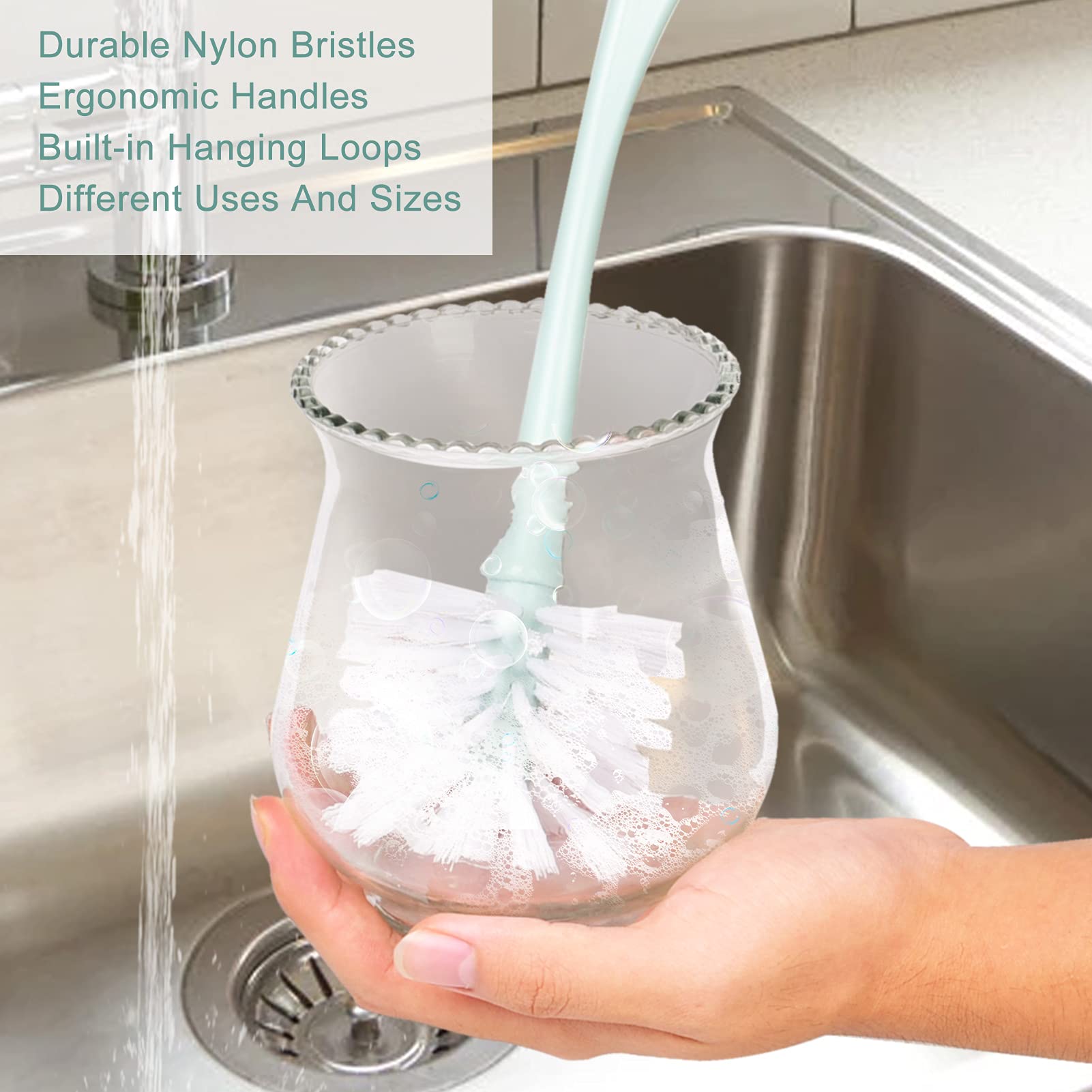 改Dish Brush with Handle, Kitchen Dish Scrub Brush Set, 4-Piece Kitchen Cleaning Brush Set for Pots and Bottles, Nordic Green