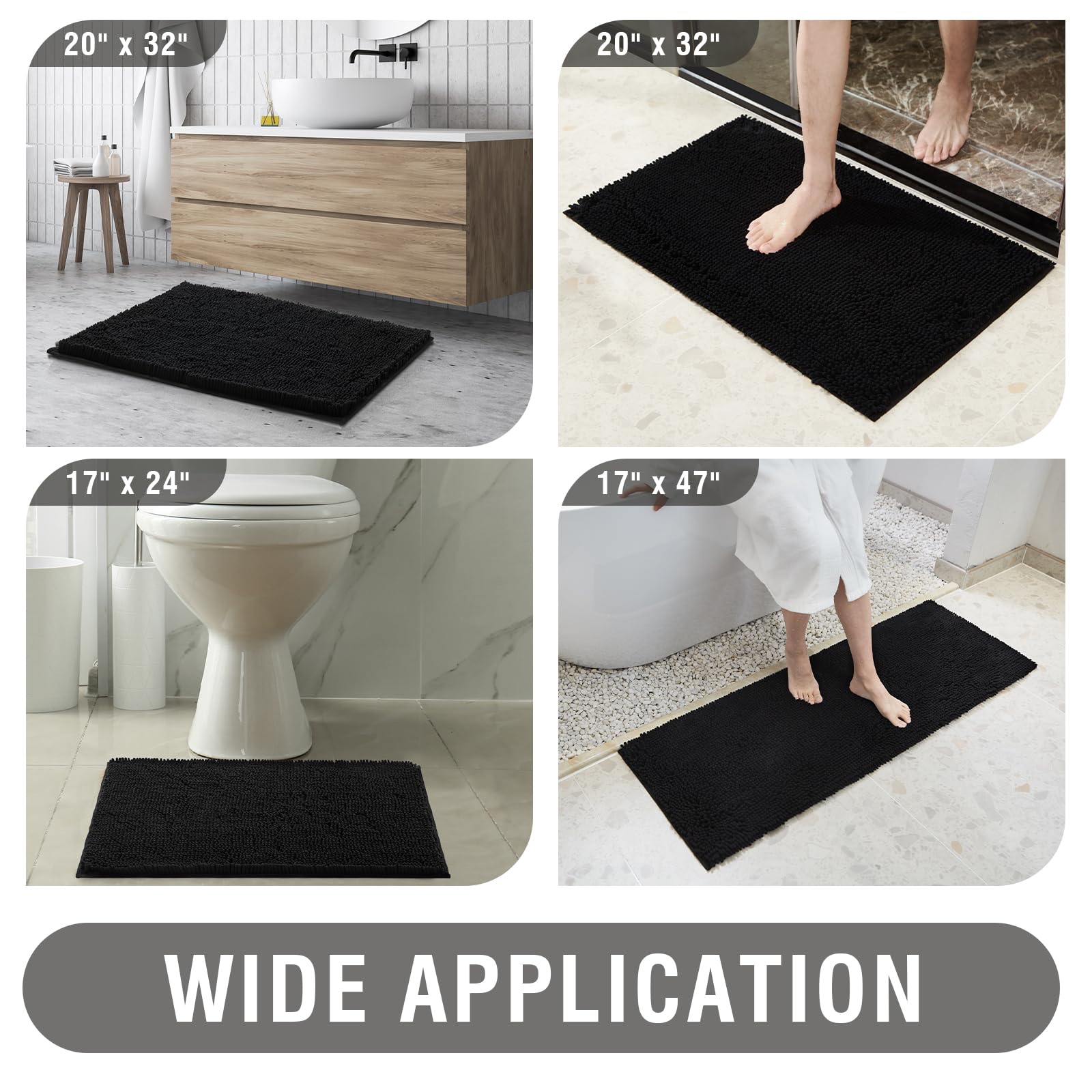Soft Fluffy Chenille Bathroom Rugs, Non Slip Absorbent Bath Mats for Bathroom, Washable and Quick Dry