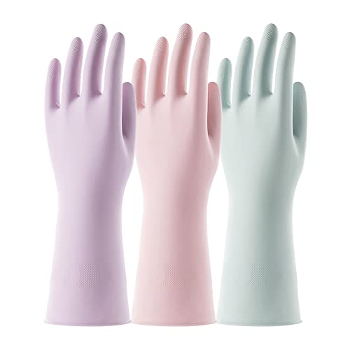 3 Pairs Reusable Rubber Gloves for Dishwashing Cleaning Bleaching, Grippy Latex Dish Washing Gloves with Flocked Cotton Liner, Water Resistant Household Gloves for Kitchen Bathroom