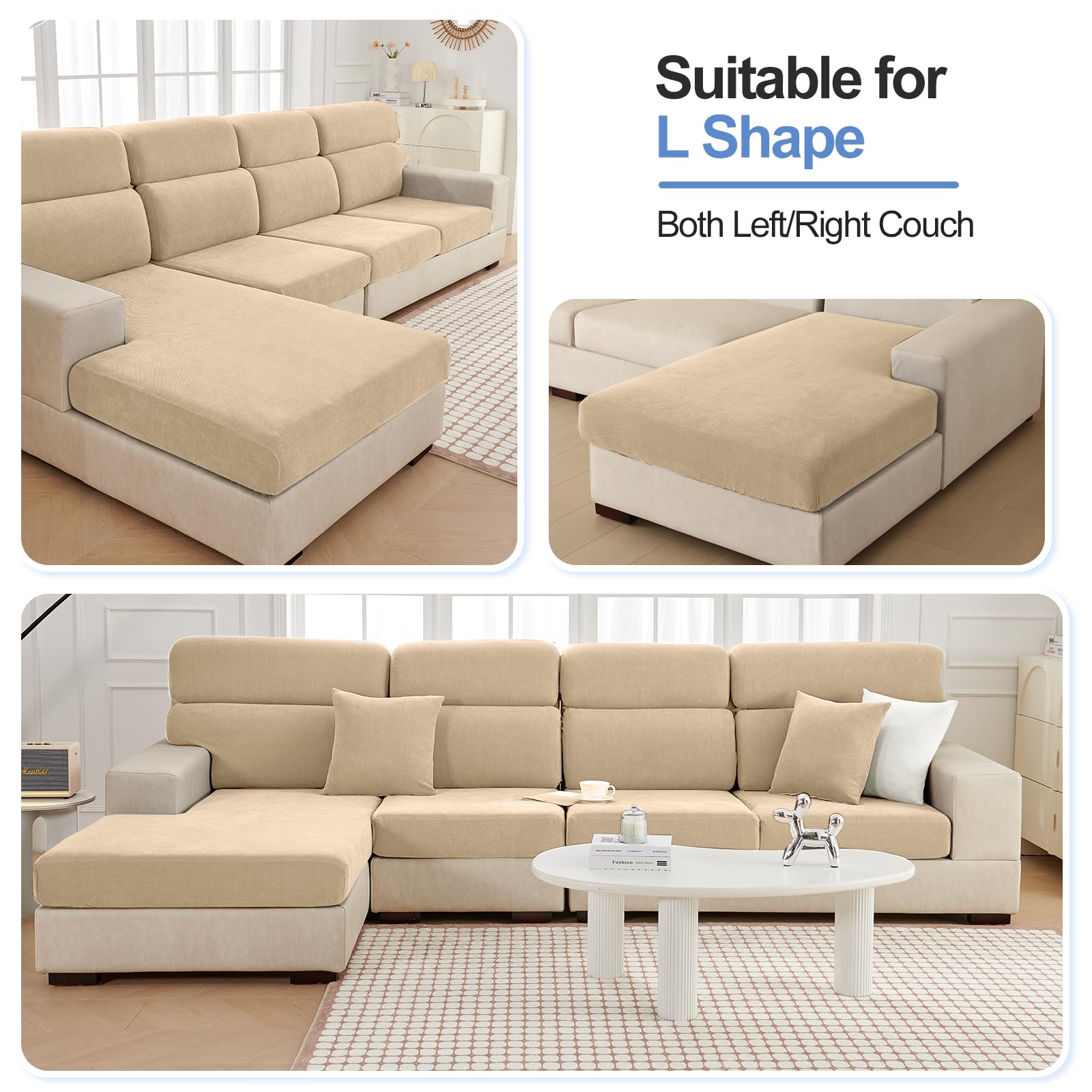 Couch Cushion Covers Individual Large Super Stretch Chenille (Sturdier Version) Sofa Cushion Covers, Couch Seat Covers Couch Slipcovers Furniture Protector (3 Piece Seat Cushion Covers)