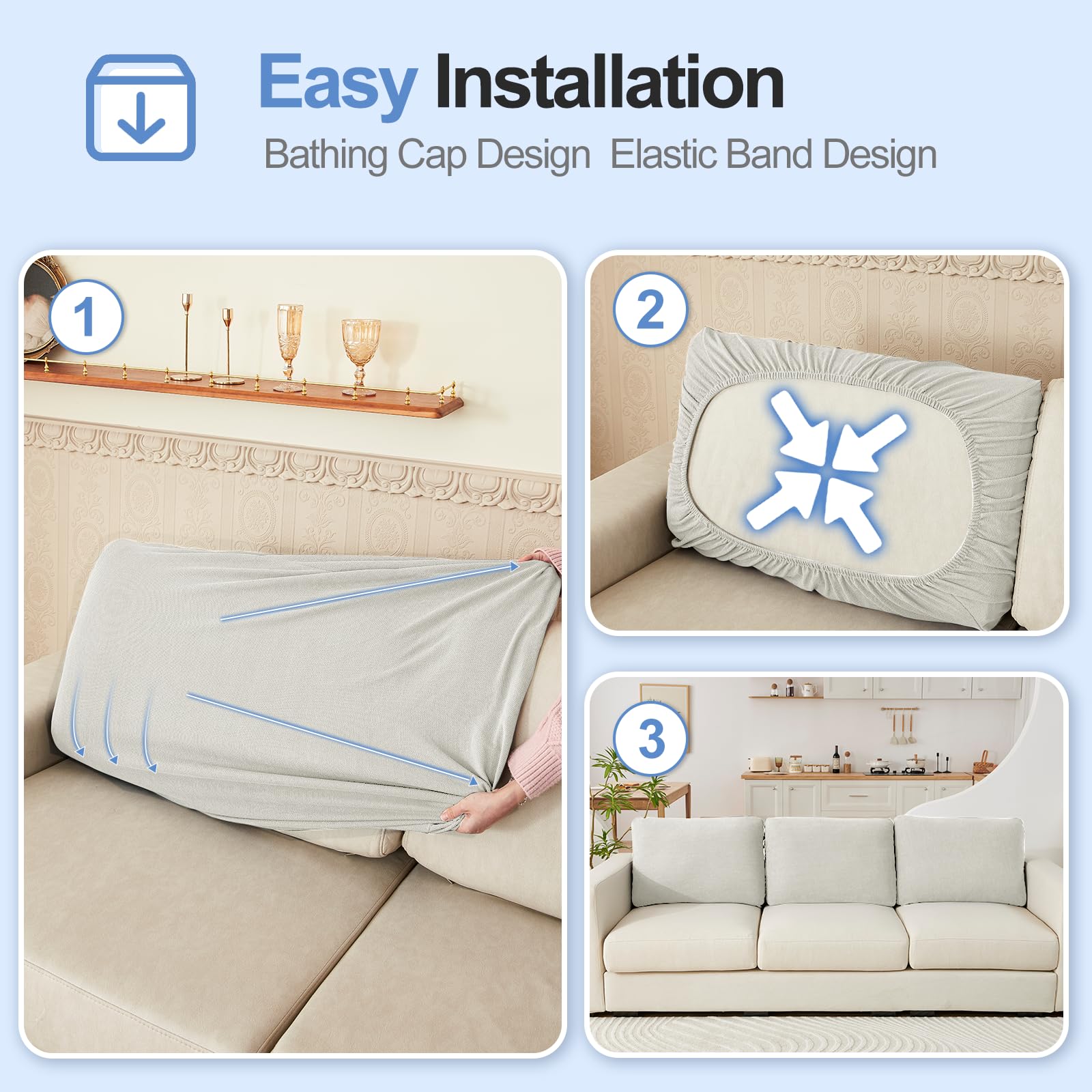 改Couch Cushion Covers Individual Large Super Stretch Chenille (Sturdier Version) Sofa Cushion Covers, Couch Seat Covers Couch Slipcovers Furniture Protector (3 Piece Seat Cushion Covers, Grey)