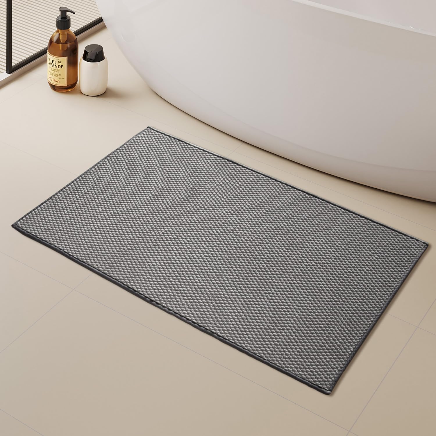 Chenille Bathroom Mat for Toilet Mat, Non Slip Absorbent Bath Rug, Washable U Shap Mat Contour Bath Rugs for Toilet Base Khaki