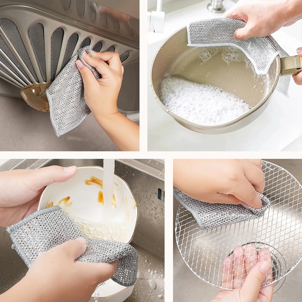 改Multipurpose Wire Dishwashing Rags for Wet and Dry, 2023 New Multifunctional Non Scratch Metal Wire Dishcloth, Reusable Premium Metal Scrubbing Pads Sponge Clean for Home Kitchen Cooktop (5PCS)