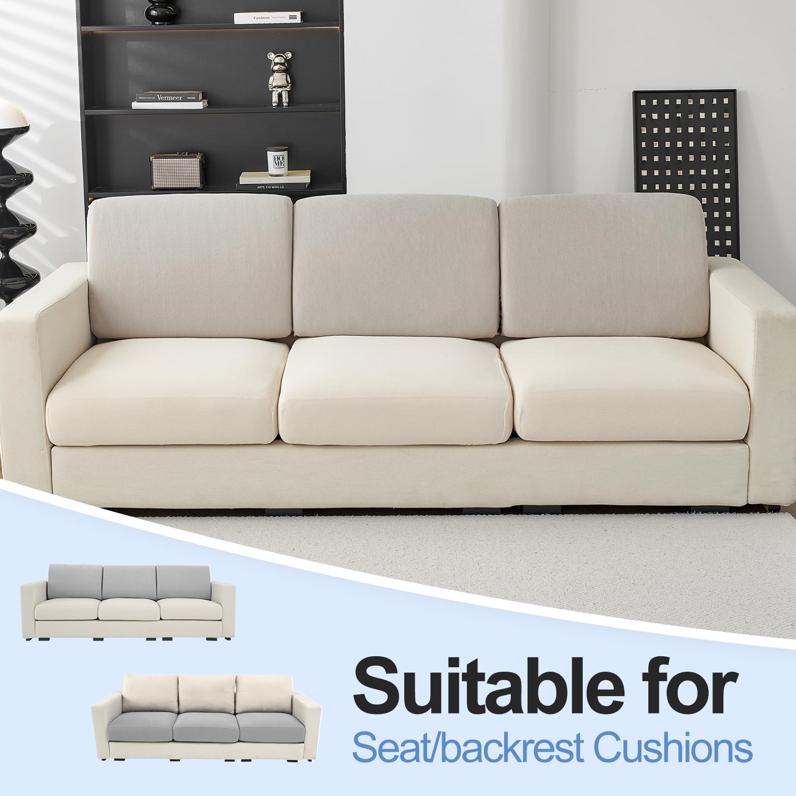 Couch Cushion Covers Individual Large Super Stretch Chenille (Sturdier Version) Sofa Cushion Covers, Couch Seat Covers Couch Slipcovers Furniture Protector (3 Piece Seat Cushion Covers)