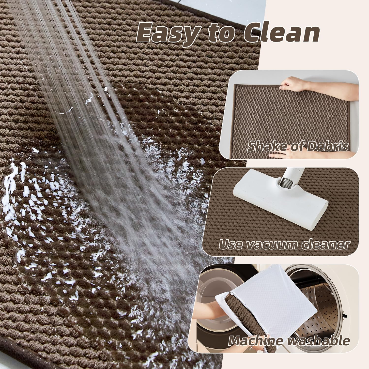 Chenille Bathroom Mat for Toilet Mat, Non Slip Absorbent Bath Rug, Washable U Shap Mat Contour Bath Rugs for Toilet Base Khaki