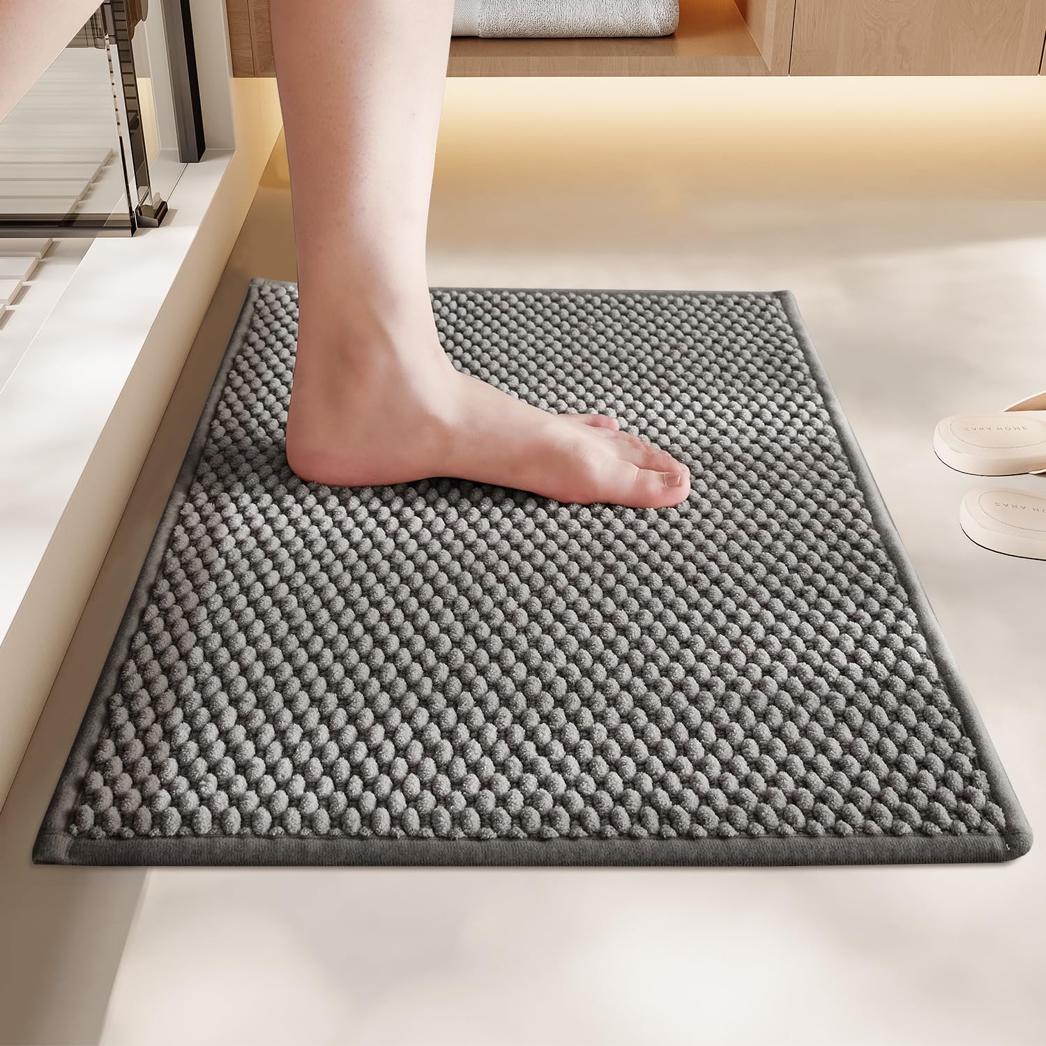 Chenille Bathroom Mat for Toilet Mat, Non Slip Absorbent Bath Rug, Washable U Shap Mat Contour Bath Rugs for Toilet Base Khaki