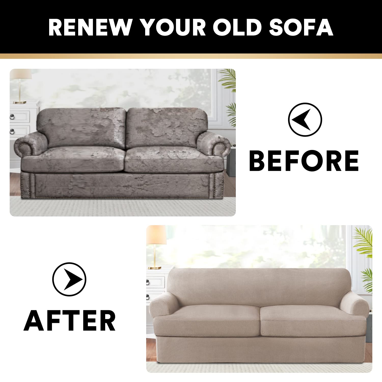 T Cushion Sofa Slipcover 4 Pieces Sofa Covers for T Cushion Shape Seat Covers Machine Washable, Sand