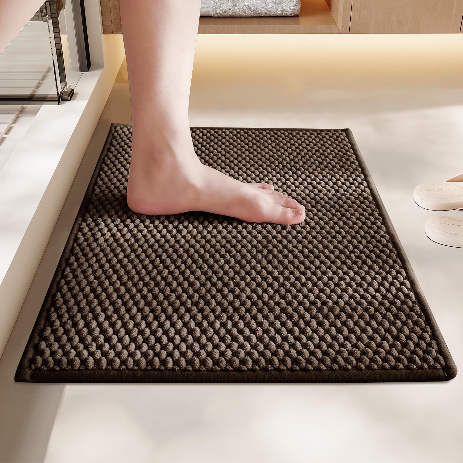 Chenille Bathroom Mat for Toilet Mat, Non Slip Absorbent Bath Rug, Washable U Shap Mat Contour Bath Rugs for Toilet Base Khaki