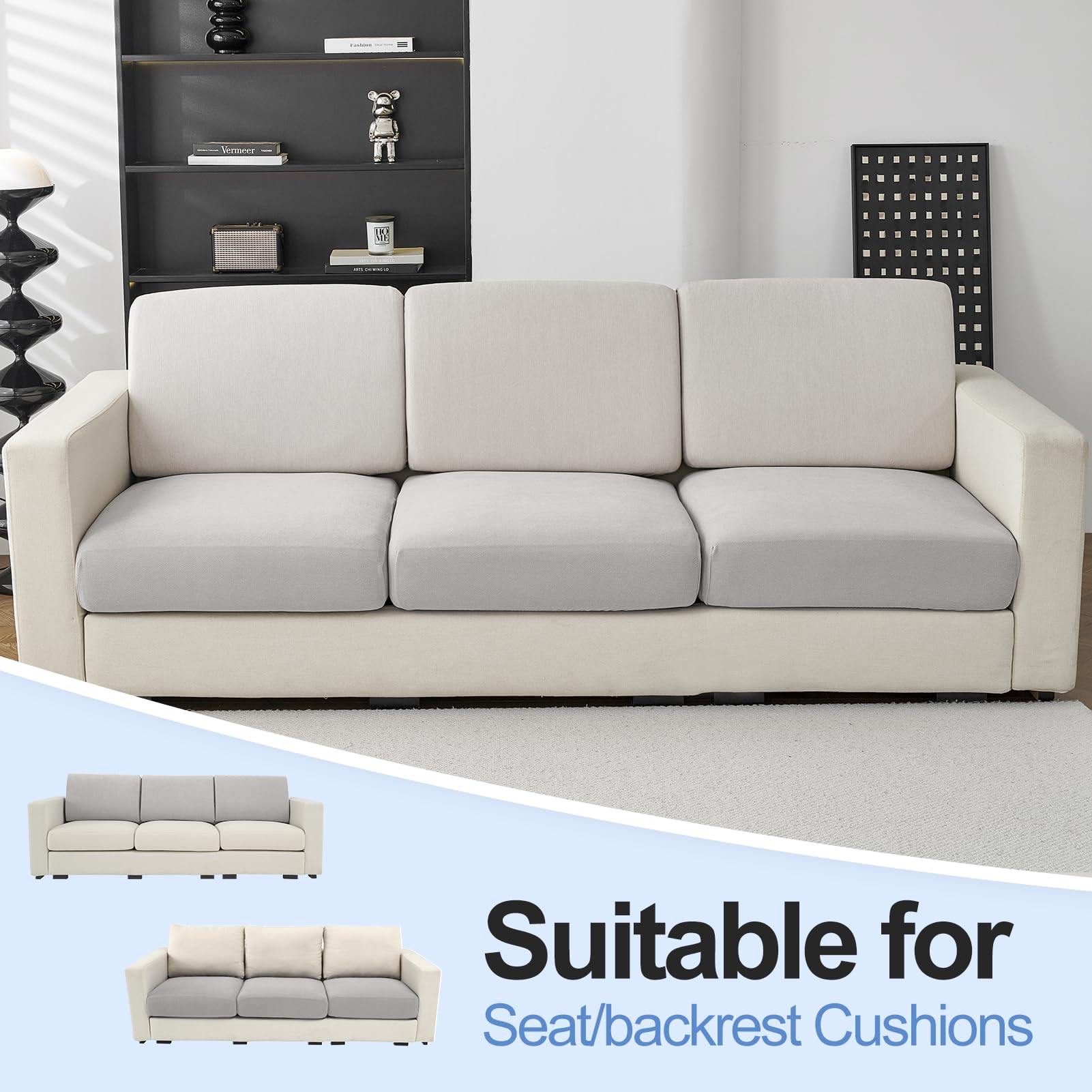 Couch Cushion Covers Individual Large Super Stretch Chenille (Sturdier Version) Sofa Cushion Covers, Couch Seat Covers Couch Slipcovers Furniture Protector (3 Piece Seat Cushion Covers)