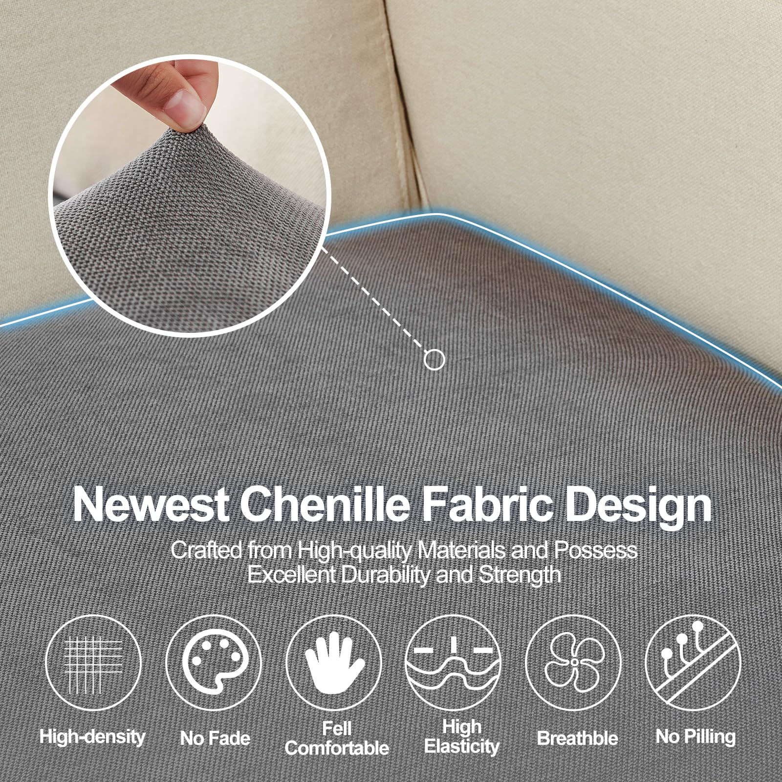 Couch Cushion Covers Individual Large Super Stretch Chenille (Sturdier Version) Sofa Cushion Covers, Couch Seat Covers Couch Slipcovers Furniture Protector (3 Piece Seat Cushion Covers)