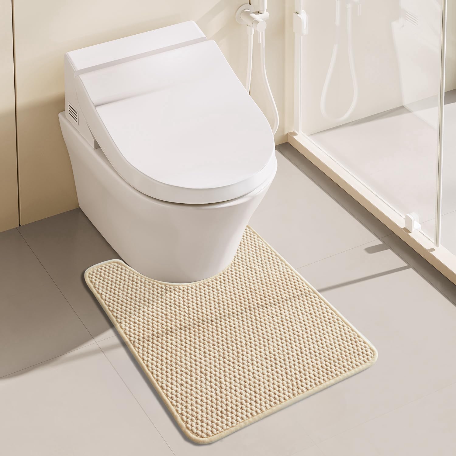 改Bathroom Toilet Rug, Chenille Bathroom Mat for Toilet Mat, Non Slip Absorbent Bath Rug, Washable U Shap Mat Contour Bath Rugs for Toilet Base Khaki 20"*24"