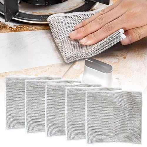 Multipurpose Wire Dishwashing Rags for Wet and Dry, 2023 New Multifunctional Non Scratch Metal Wire Dishcloth, Reusable Premium Metal Scrubbing Pads Sponge Clean for Home Kitchen Cooktop (5PCS)