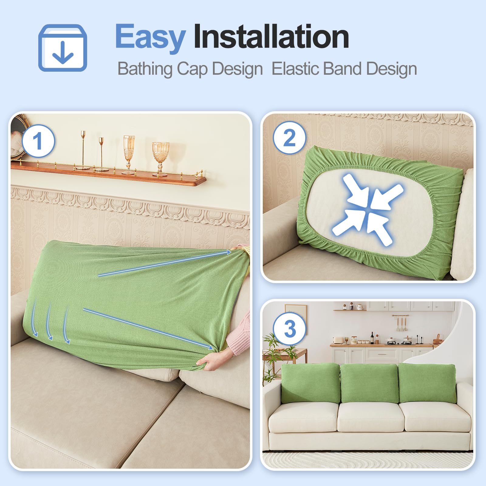 Couch Cushion Covers Individual Large Super Stretch Chenille (Sturdier Version) Sofa Cushion Covers, Couch Seat Covers Couch Slipcovers Furniture Protector (3 Piece Seat Cushion Covers)