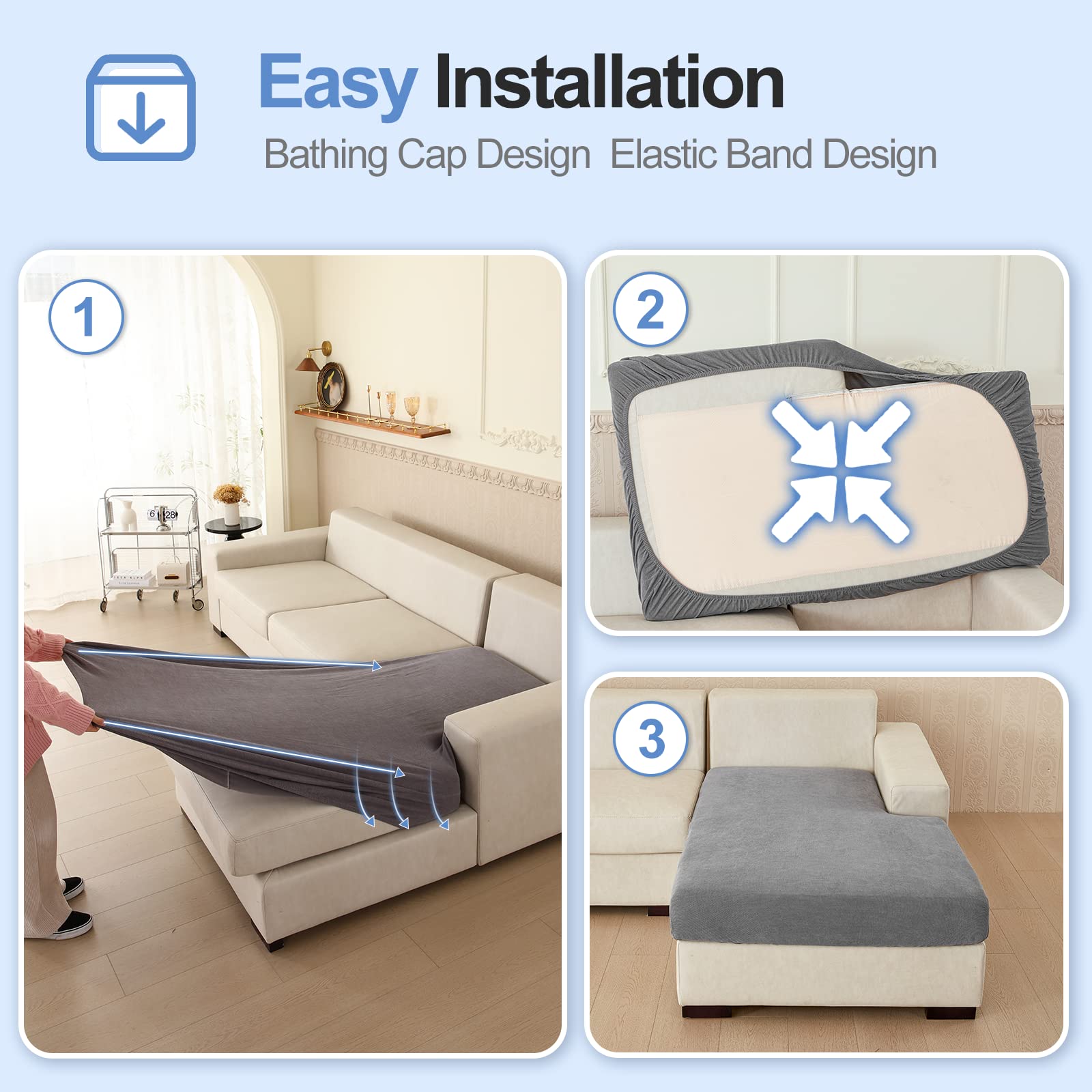 Couch Cushion Covers Individual Large Super Stretch Chenille (Sturdier Version) Sofa Cushion Covers, Couch Seat Covers Couch Slipcovers Furniture Protector (3 Piece Seat Cushion Covers)