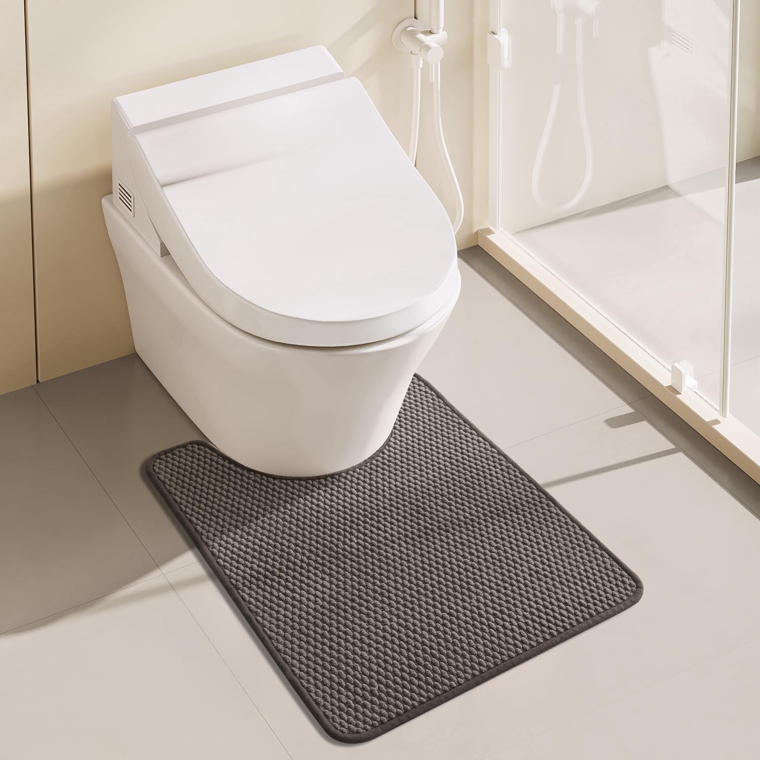 Chenille Bathroom Mat for Toilet Mat, Non Slip Absorbent Bath Rug, Washable U Shap Mat Contour Bath Rugs for Toilet Base Khaki