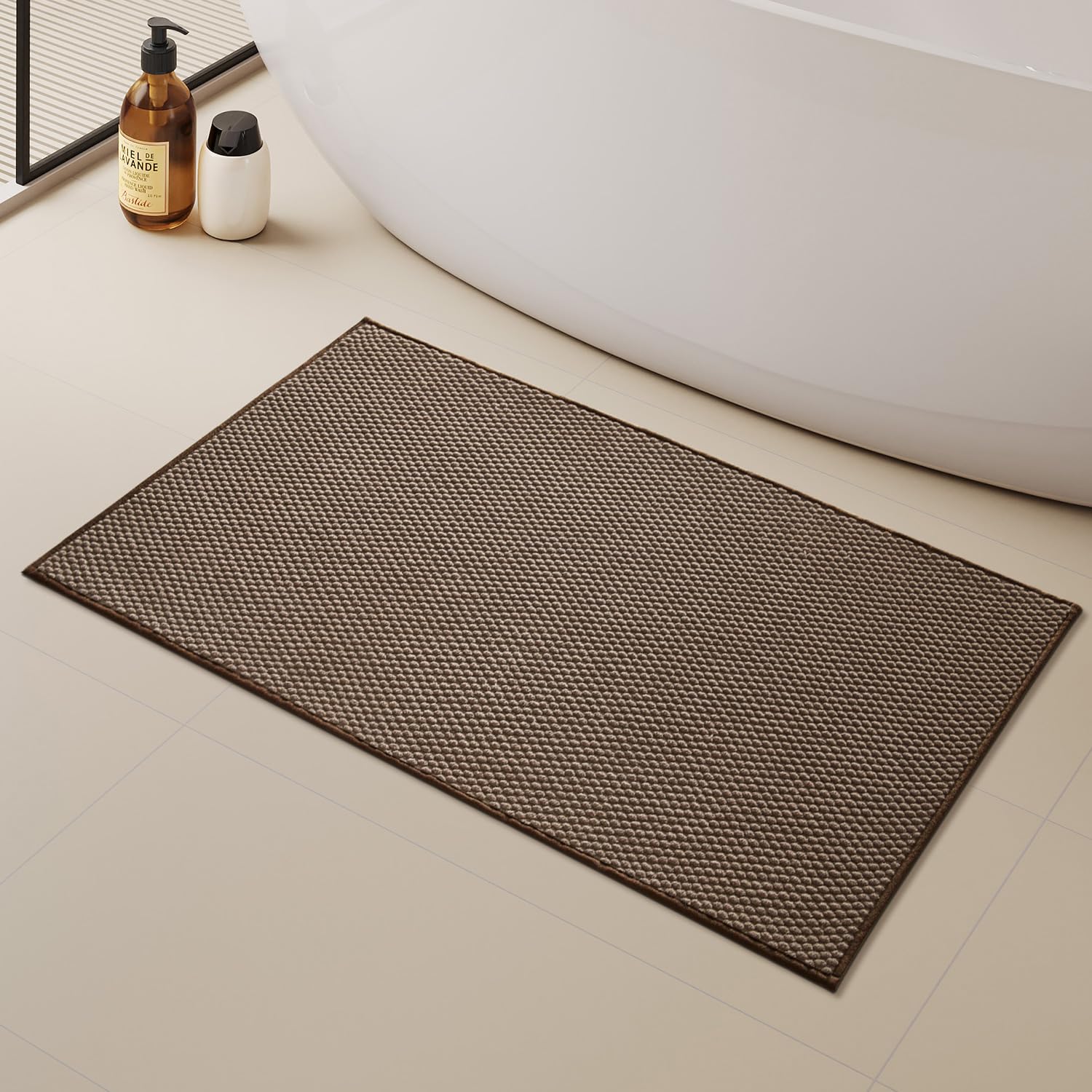 Chenille Bathroom Mat for Toilet Mat, Non Slip Absorbent Bath Rug, Washable U Shap Mat Contour Bath Rugs for Toilet Base Khaki