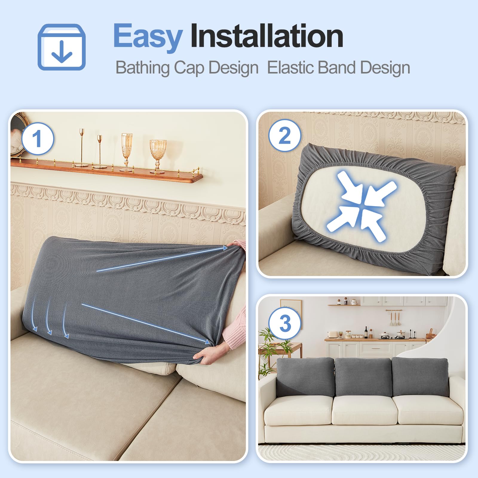 Couch Cushion Covers Individual Large Super Stretch Chenille (Sturdier Version) Sofa Cushion Covers, Couch Seat Covers Couch Slipcovers Furniture Protector (3 Piece Seat Cushion Covers)