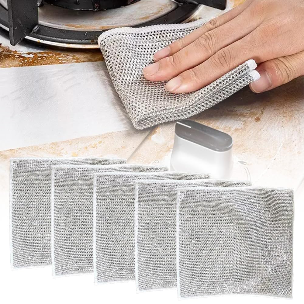改Multipurpose Wire Dishwashing Rags for Wet and Dry, 2023 New Multifunctional Non Scratch Metal Wire Dishcloth, Reusable Premium Metal Scrubbing Pads Sponge Clean for Home Kitchen Cooktop (5PCS)