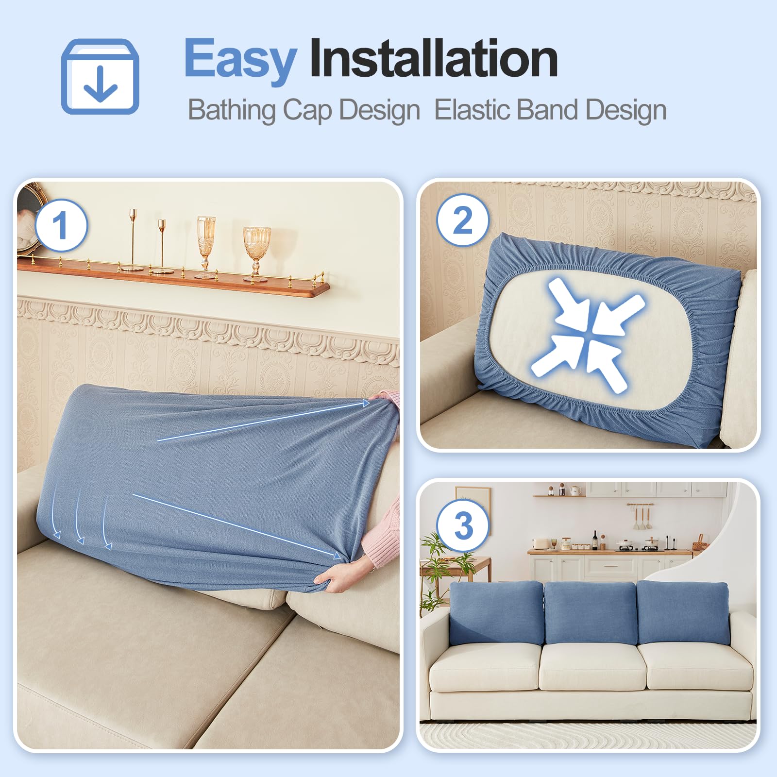 Couch Cushion Covers Individual Large Super Stretch Chenille (Sturdier Version) Sofa Cushion Covers, Couch Seat Covers Couch Slipcovers Furniture Protector (3 Piece Seat Cushion Covers)