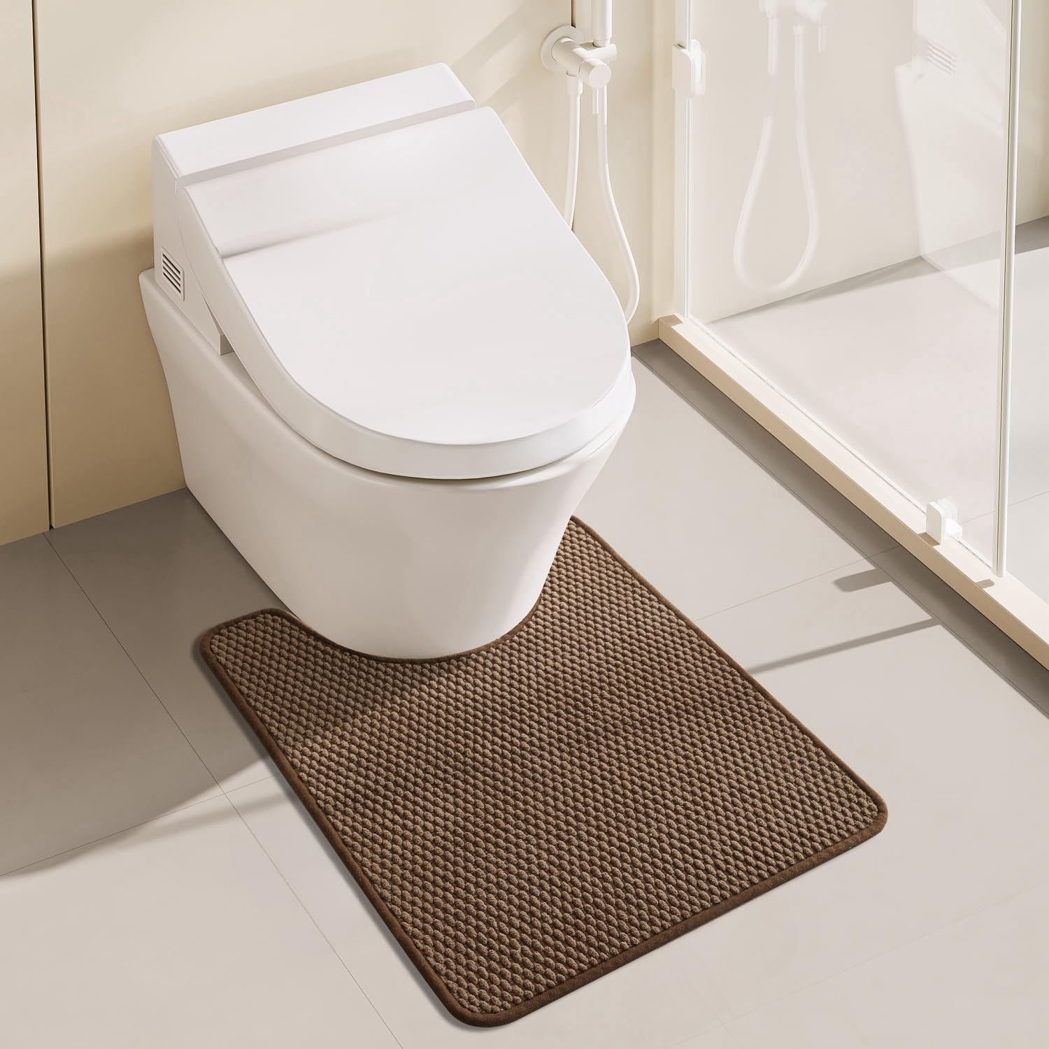 Chenille Bathroom Mat for Toilet Mat, Non Slip Absorbent Bath Rug, Washable U Shap Mat Contour Bath Rugs for Toilet Base Khaki