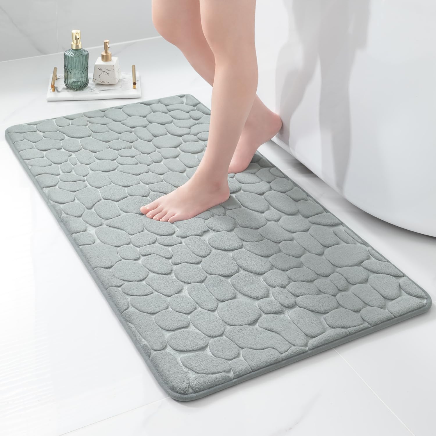 改YIHOUSE Memory Foam Bath Mat Cobblestone Bathroom Rugs Super Water Absorbent Machine Washable Bath Rugs(17x24,Dark Gray)