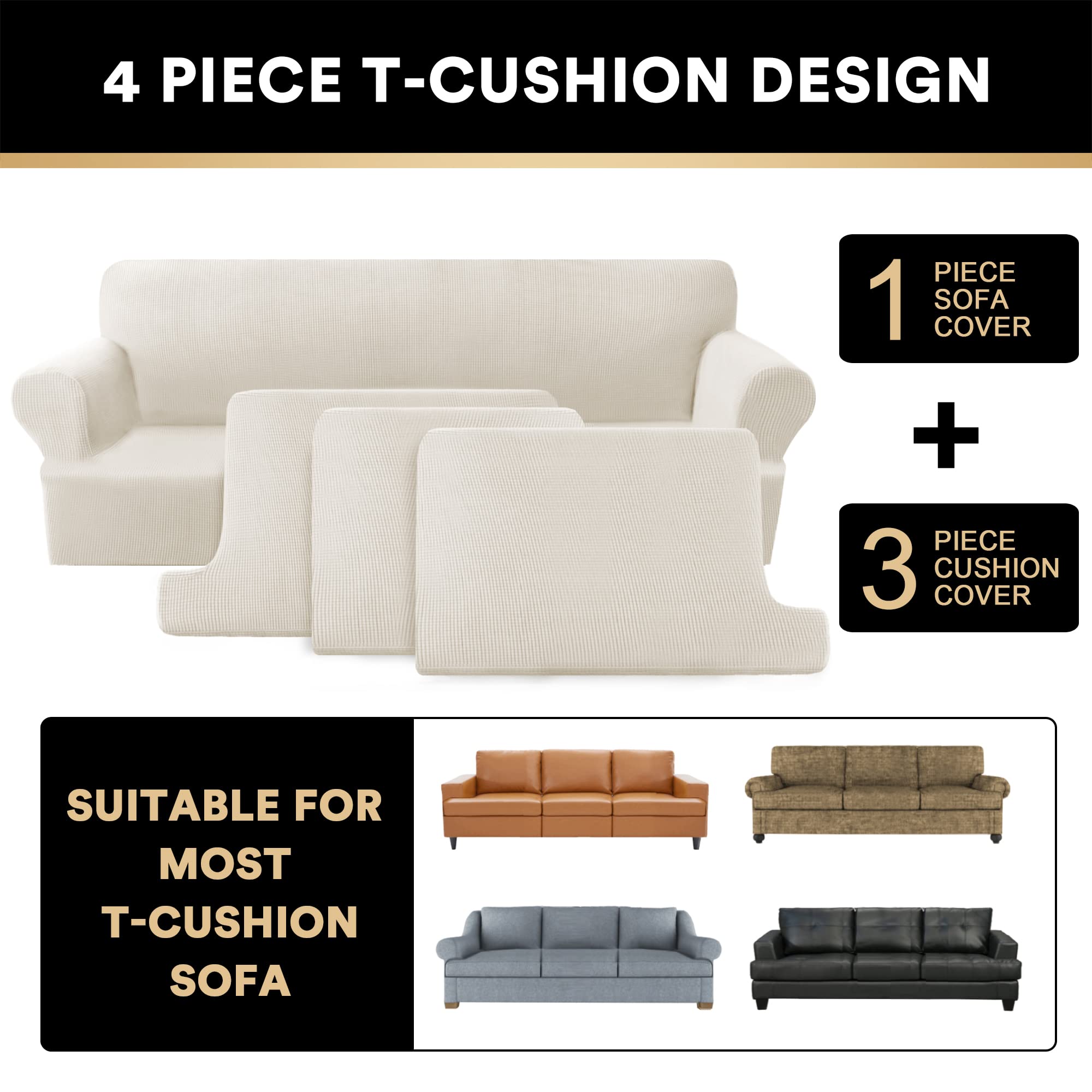 T Cushion Sofa Slipcover 4 Pieces Sofa Covers for T Cushion Shape Seat Covers Machine Washable, Sand