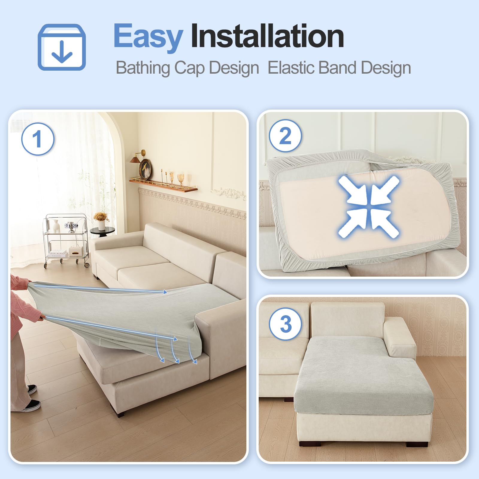 Couch Cushion Covers Individual Large Super Stretch Chenille (Sturdier Version) Sofa Cushion Covers, Couch Seat Covers Couch Slipcovers Furniture Protector (3 Piece Seat Cushion Covers)