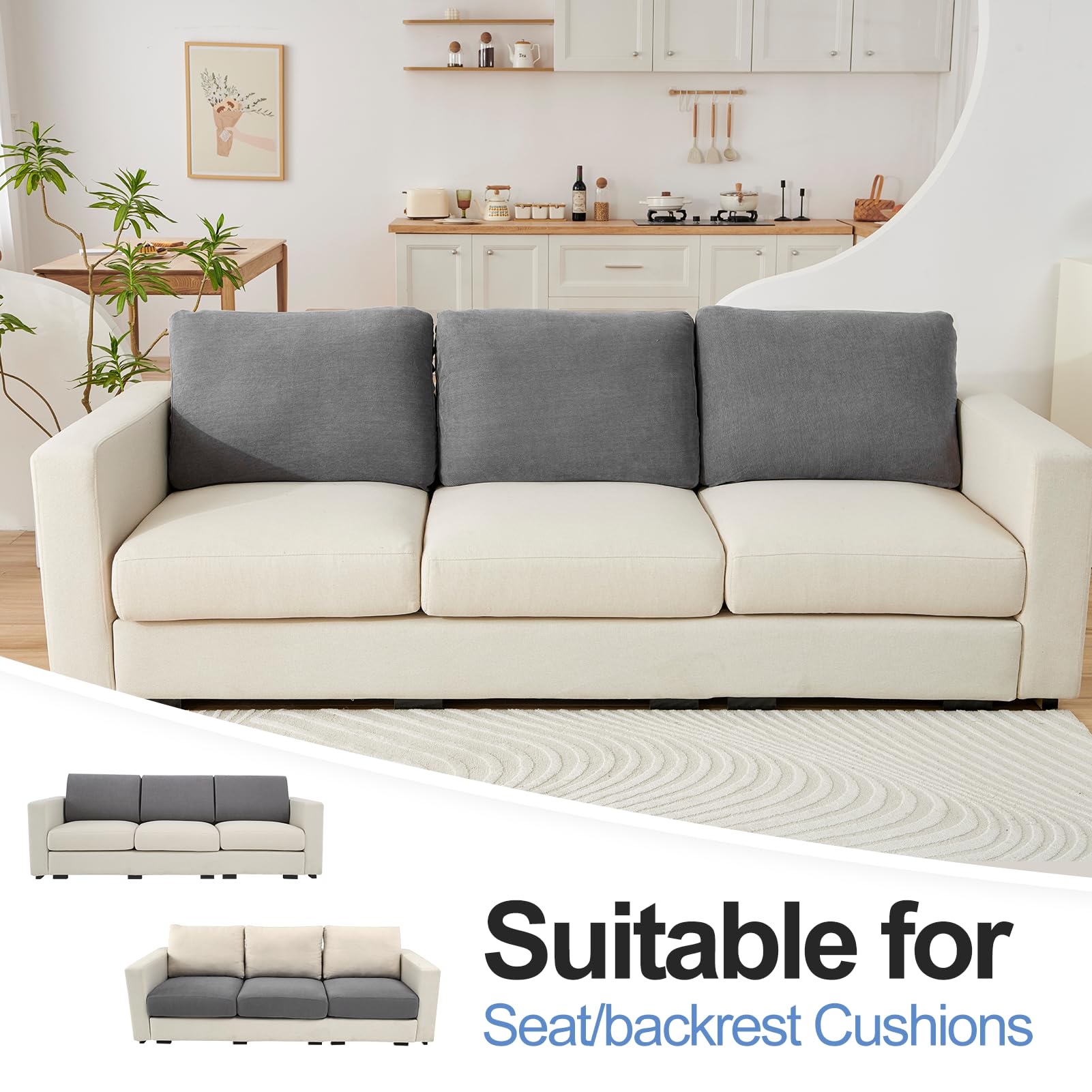 Couch Cushion Covers Individual Large Super Stretch Chenille (Sturdier Version) Sofa Cushion Covers, Couch Seat Covers Couch Slipcovers Furniture Protector (3 Piece Seat Cushion Covers)